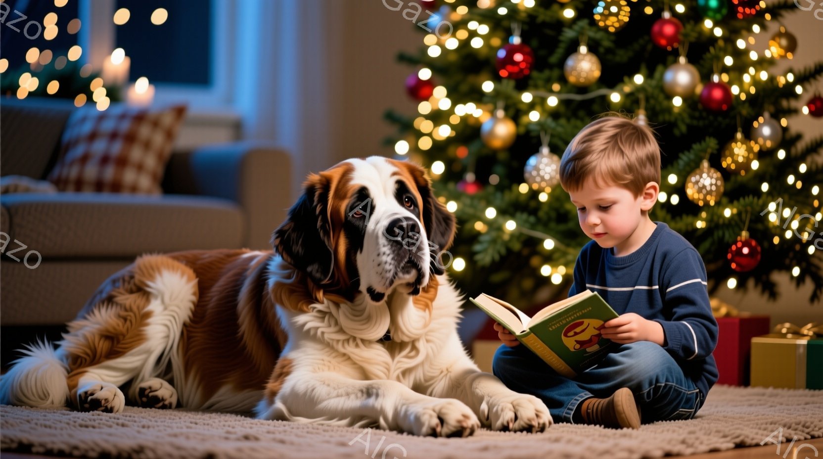 小さな少年がカーペットの上に座り、膝の上で絵本を開いて読んでいる。大きなセントバーナード犬が少年の隣で横たわり、穏やかな表情で本を読む少年を見つめている。背景には、クリスマスツリーが輝き、プレゼントが - AI生成フリー素材