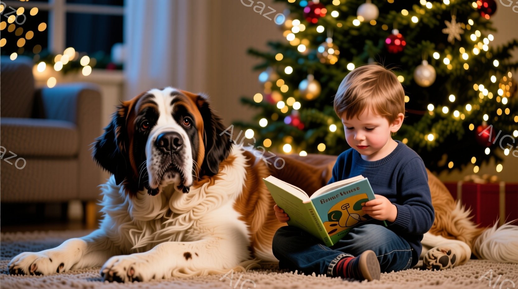 少年はカーペットの上に座り、膝を曲げて本を読んでいます。大きなセント・バーナード犬が少年の隣で横たわり、本を読む少年に穏やかな眼差しを向けています。背景にはクリスマスツリーが飾られており、温かく、リラ - AI生成フリー素材