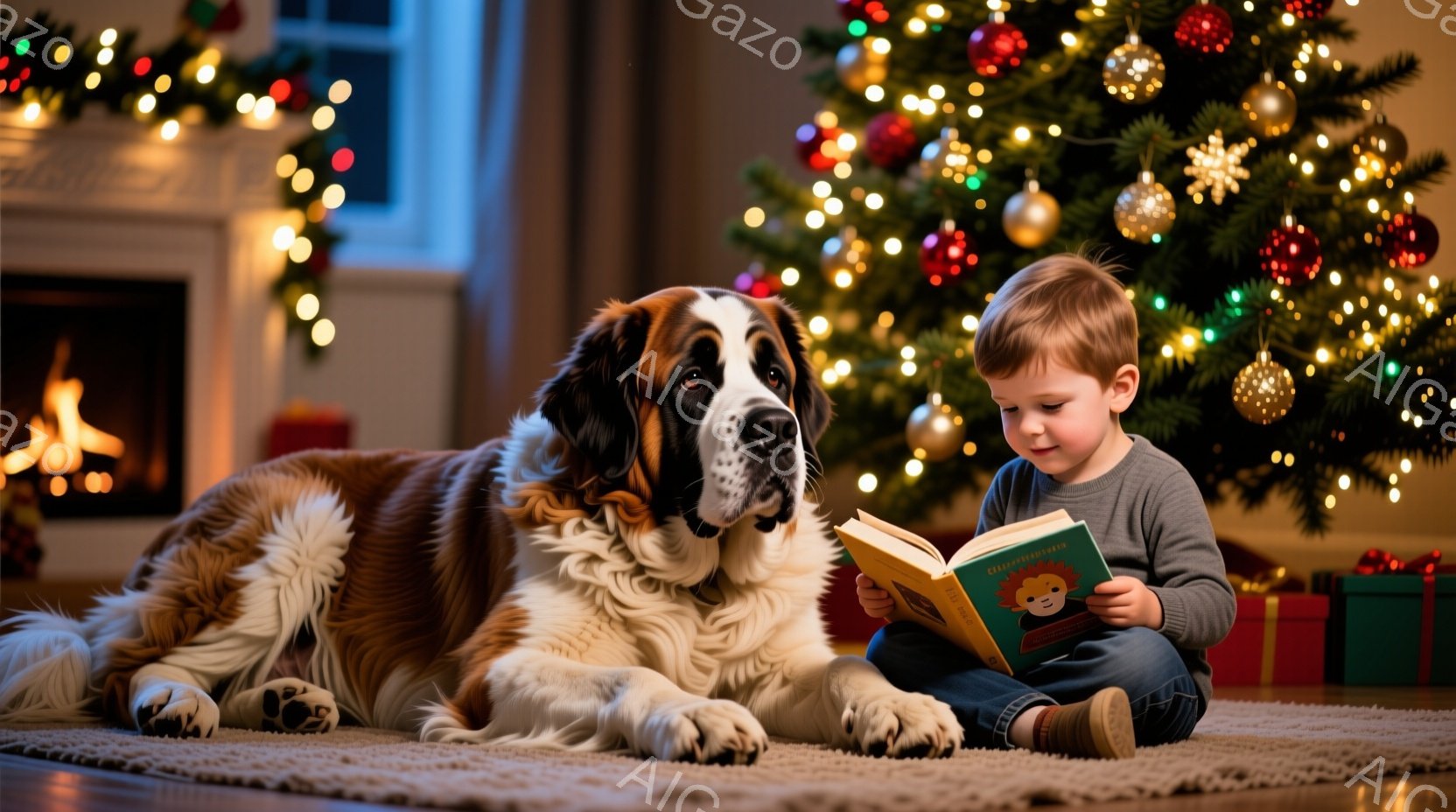 少年は床に座り、大きな絵本を熱心に読んでいます。隣には大きなセントバーナード犬が横たわり、穏やかな表情で少年の読書を見守っています。背景にはクリスマスツリーが輝き、暖炉の炎が温かい光を投げかけ、部屋全 - AI生成フリー素材