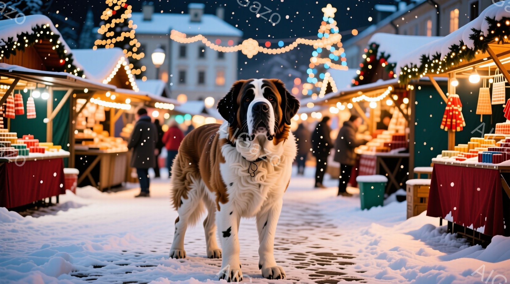 雪が舞う夜の賑やかなクリスマスマーケットの正面に、堂々としたセントバーナード犬が立っている。犬は茶色と白の毛並みで、首輪をつけ、まっすぐ前を見据え、自信に満ちた表情をしている。背景には、様々な商品が並んだ屋台と、ぼんやりと見える人々がおり、温かい光と雪景色が、温かく幻想的な雰囲気を醸し出している。