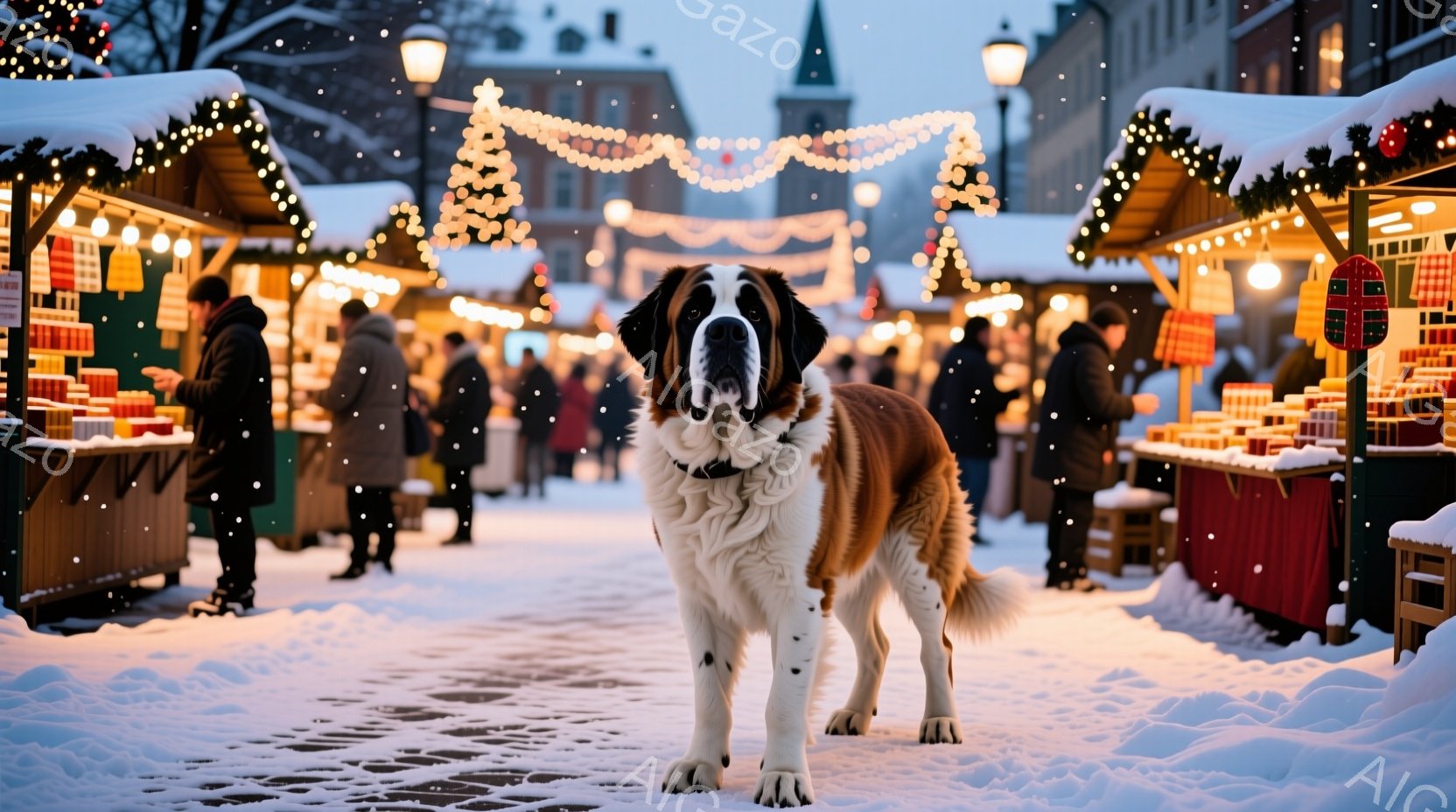 白と茶色の大きなセント・バーナード犬が、雪に覆われた石畳の通りで正面を向いて立っている。背景にはクリスマスマーケットの屋台が並び、人々が暖かくライトアップされた空間を歩いている。雪が舞い降りており、建物は中世様式の建築で、冬の暖かく幻想的な雰囲気を醸し出している。
