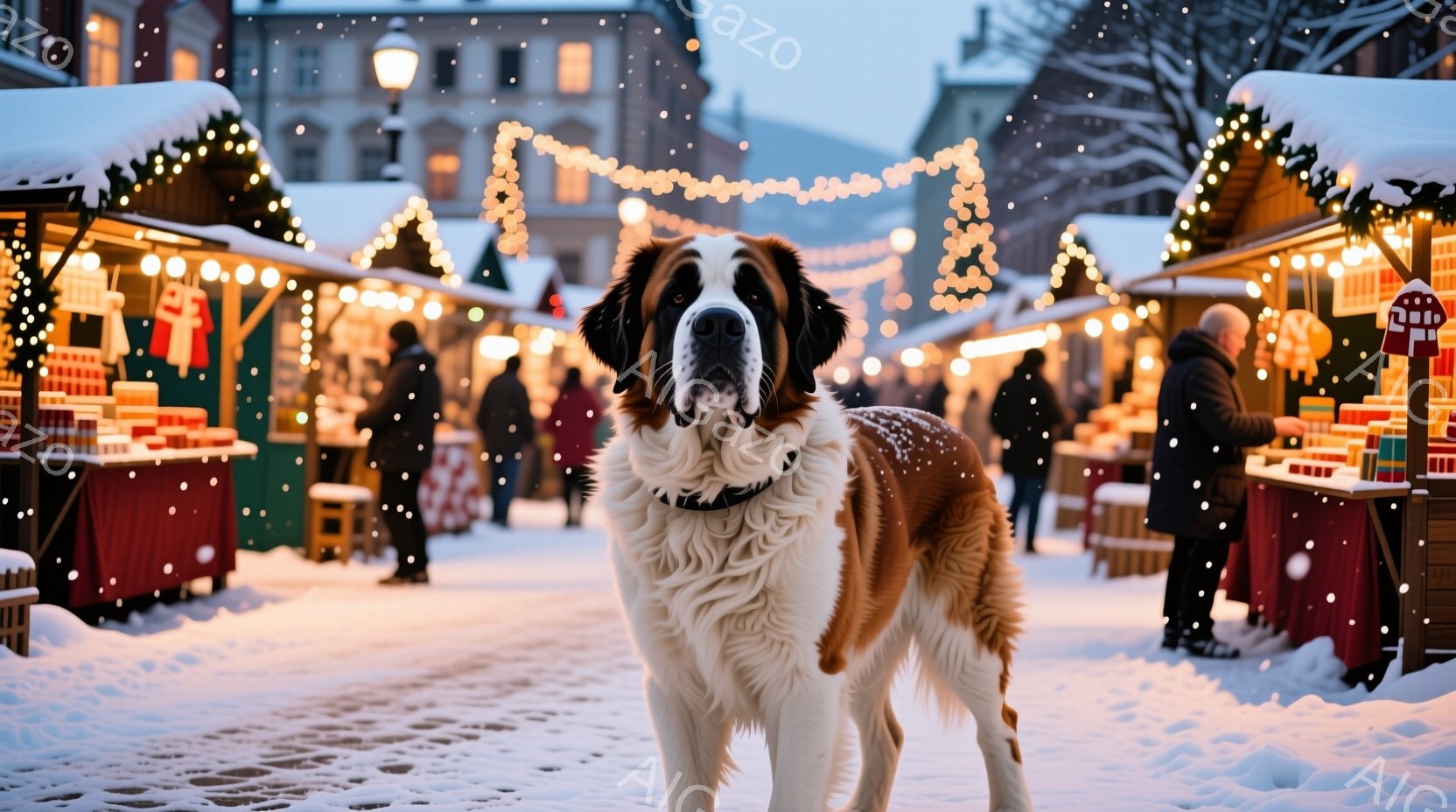 白と茶色のセント・バーナード犬が雪で覆われた石畳の通りで正面を向いて立っている。背景にはクリスマスのマーケットがあり、多くの屋台が灯りで飾られ、人々が歩き回っている。雪が舞い散り、暖かく、お祭り気分で満たされた冬の風景が広がっている。