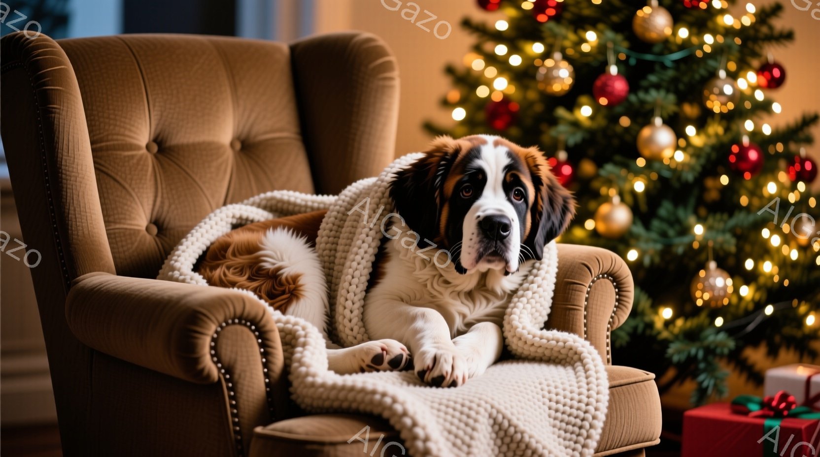 大きなセントバーナード犬が、鋲の付いた茶色の肘掛け椅子にゆったりと横たわっています。白い編み物のブランケットが犬の体を覆い、リラックスした表情で正面を見つめています。背景には、クリスマスツリーの温かい - AI生成フリー素材