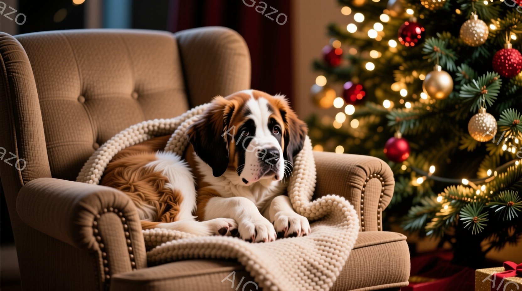 温かいベージュ色の肘掛け椅子に、大きなセント・バーナード犬がゆったりと横たわっています。犬は毛布に包まれ、穏やかで少し眠たげな表情をしています。背景には、クリスマスツリーの温かい光とプレゼントの箱が見え、全体的に暖かく、リラックスしたクリスマスの雰囲気を醸し出しています。