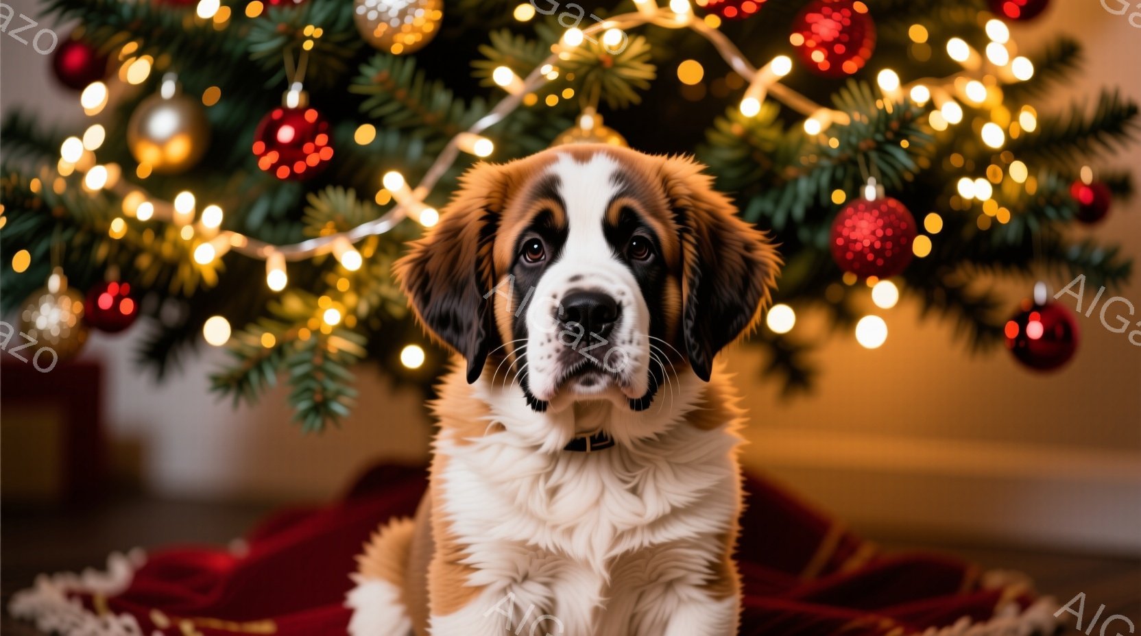 長毛のセント・バーナードの子犬が、赤い毛布の上に座って正面を見つめている。背景には、輝く電飾とオーナメントで飾られたクリスマスツリーがぼやけており、暖かくお祝いの雰囲気が漂っている。子犬は愛らしい表情で、穏やかで幸せそうな雰囲気を醸し出している。
