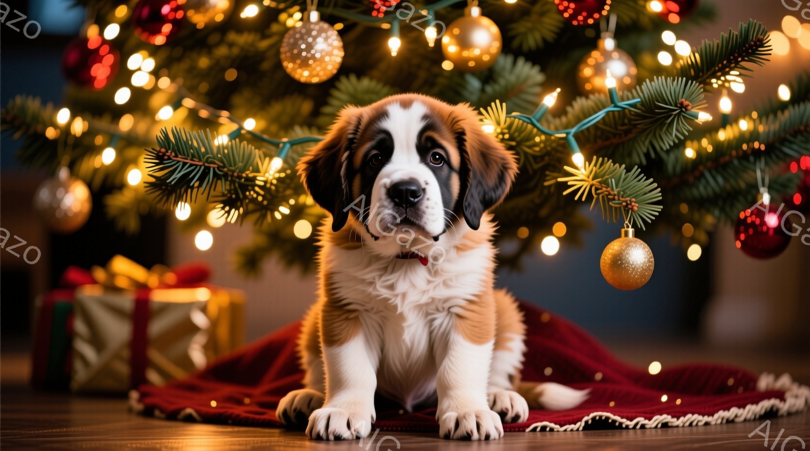 幼いセント・バーナード犬が、赤い毛布の上に座って正面を見つめている。背景には、オーナメントや光で飾られたクリスマスツリーがあり、プレゼントの箱も見える。暖かく、お祝いの雰囲気が漂う、優しい光に包まれた写真である。