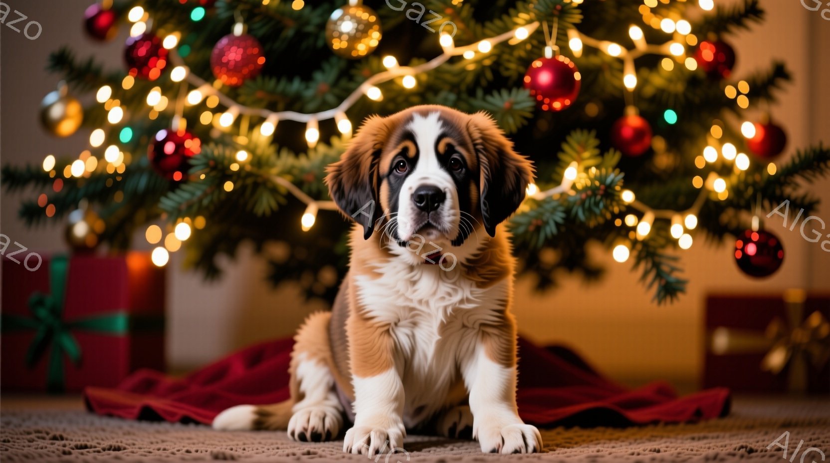 鮮やかなクリスマスツリーの前で、ふわふわのセントバーナードの子犬が座っています。子犬は茶色と白の毛並みで、穏やかで優しい表情をしています。背景にはプレゼントと赤い布があり、温かく、お祝いムードに満ちた - AI生成フリー素材