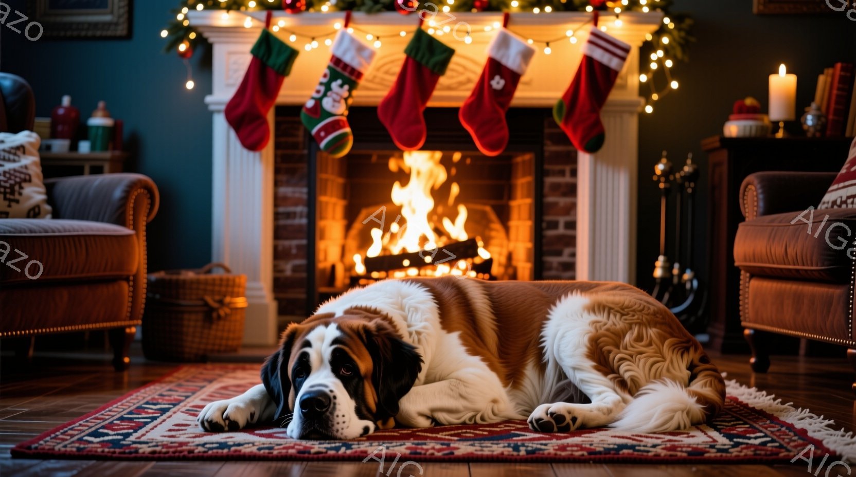 暖炉の前でセントバーナード犬がリラックスして横たわっています。背景にはクリスマスソックスが飾られた暖炉があり、居心地の良い雰囲気を作り出しています。赤い絨毯の上で犬は穏やかな表情で、温かい光に包まれています。