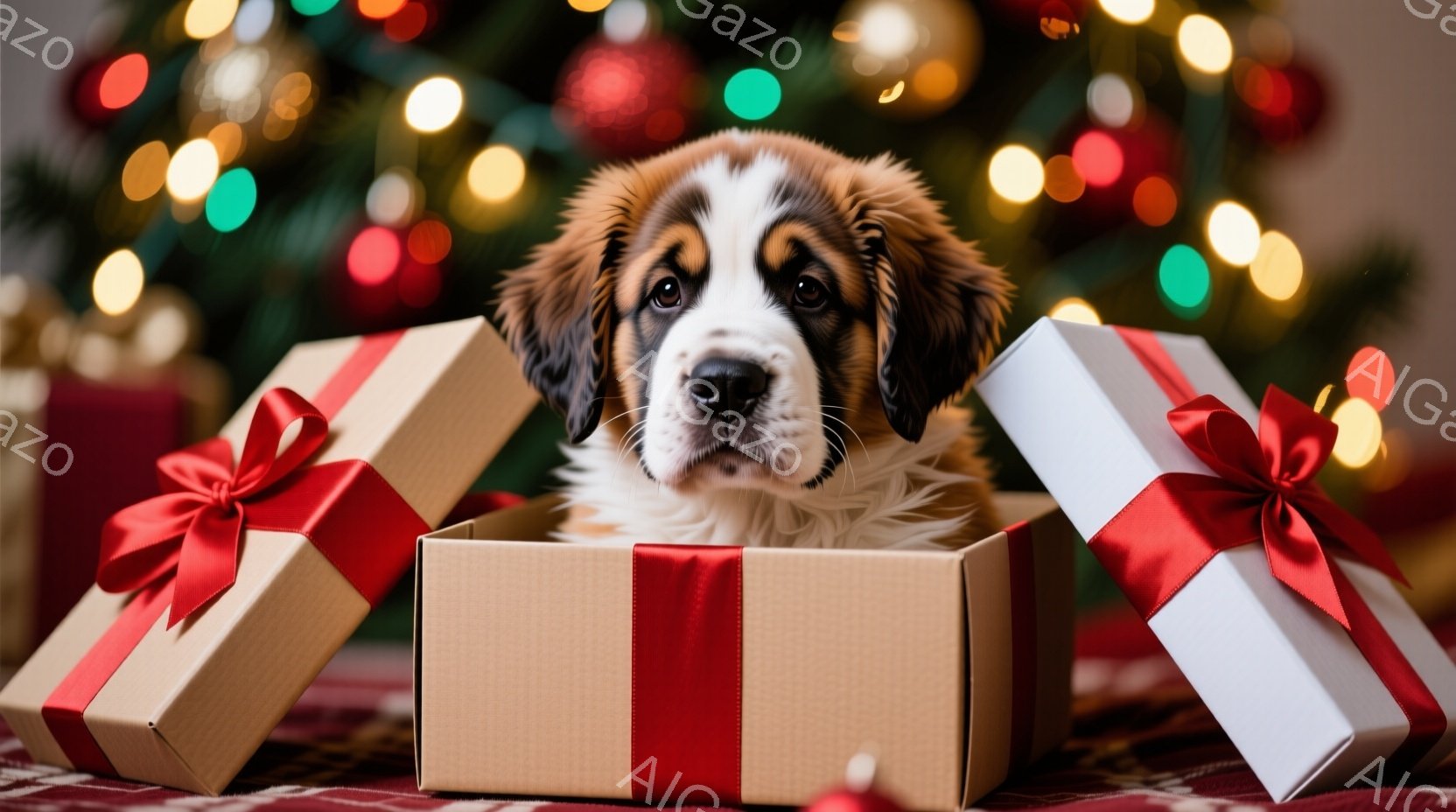 ふわふわとした茶色と白のセントバーナードの子犬が、赤いリボンで結ばれた茶色のギフトボックスの中に座っています。子犬は正面を見ており、穏やかで好奇心旺盛な表情をしています。背景にはぼやけたクリスマスツリ - AI生成フリー素材