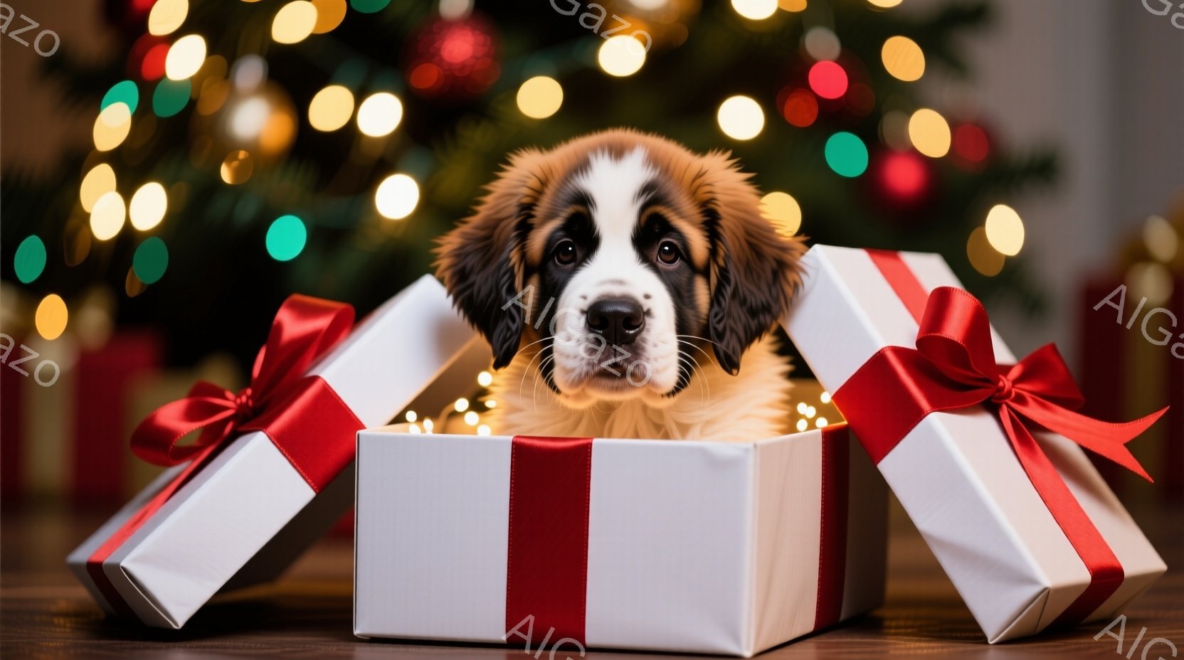 愛らしいセントバーナードの子犬が、赤いリボンで結ばれた白いギフトボックスから顔を出しています。子犬は明るい茶色の毛並みで、つぶらな瞳でこちらを見ており、とても愛らしい表情をしています。背景にはぼやけた - AI生成フリー素材