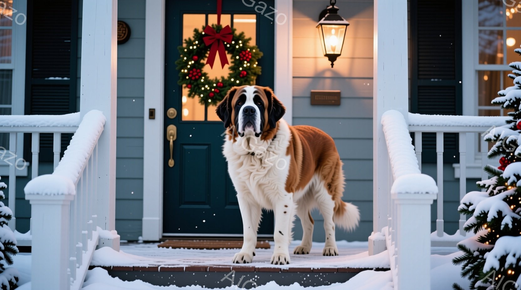 白い毛並みの大型犬が、雪積もった家の階段に堂々と立っている。背景にはクリスマスリースが飾られた玄関ドアがあり、暖炉の光が灯っていることから、冬の暖かい家庭の雰囲気が伝わってくる。雪景色と犬の穏やかな表 - AI生成フリー素材