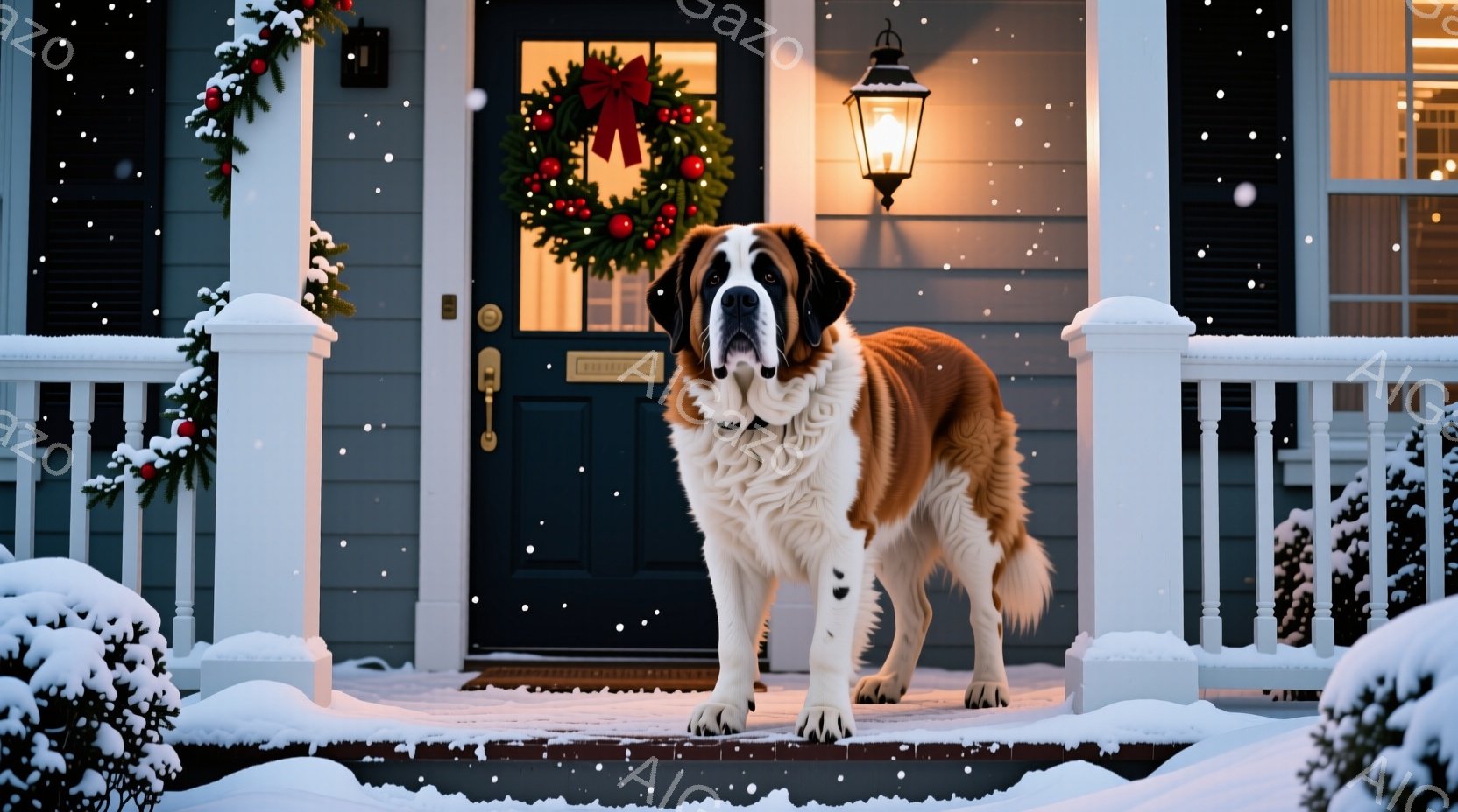 雪が降る中に、大きなセント・バーナード犬が家の正面玄関の段の上に立っている。犬は茶色と白の毛並みで、首輪を巻いており、カメラに向かって正面を向いて穏やかな表情を見せている。玄関にはクリスマスリースが飾られ、家の周りには雪が積もり、冬の暖かく穏やかな雰囲気を醸し出している。