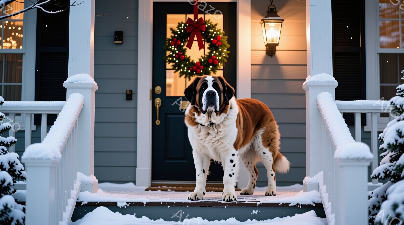 白と茶色の大きなセント・バーナード犬が、雪で覆われた家の階段に立っている。背景にはクリスマスリースが飾られた青いドアがあり、雪がちらつく冬の夜の穏やかで心温まる雰囲気を醸し出している。犬は堂々とした姿勢で正面を見据え、暖かく迎え入れるような印象を与えている。