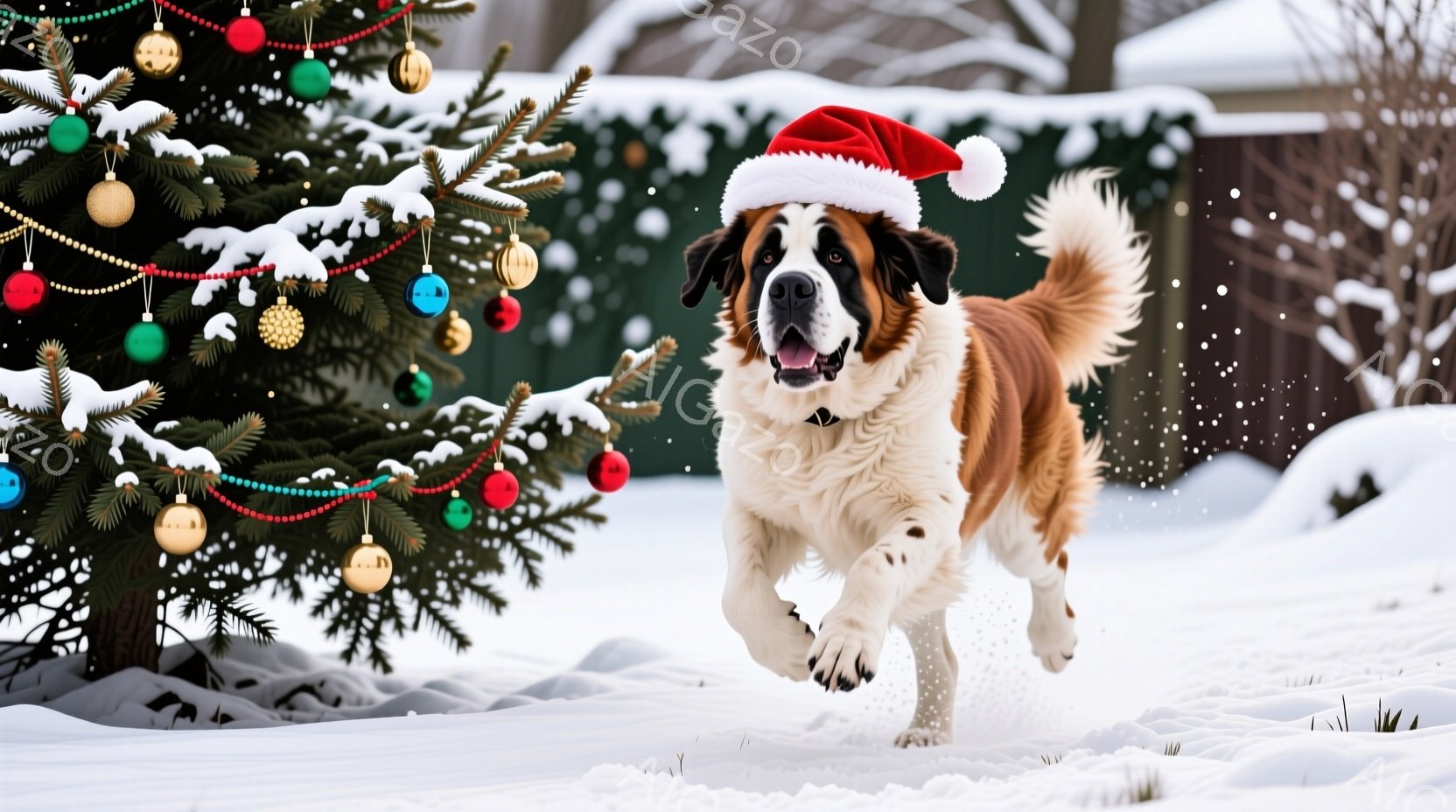 白と茶色の大きな犬が雪の上を走り、頭には赤いサンタの帽子をかぶっています。背景には、飾り付けられたクリスマスツリーと雪が降る白い風景が広がっており、全体的に暖かく、お祝いムードにあふれています。犬は嬉 - AI生成フリー素材