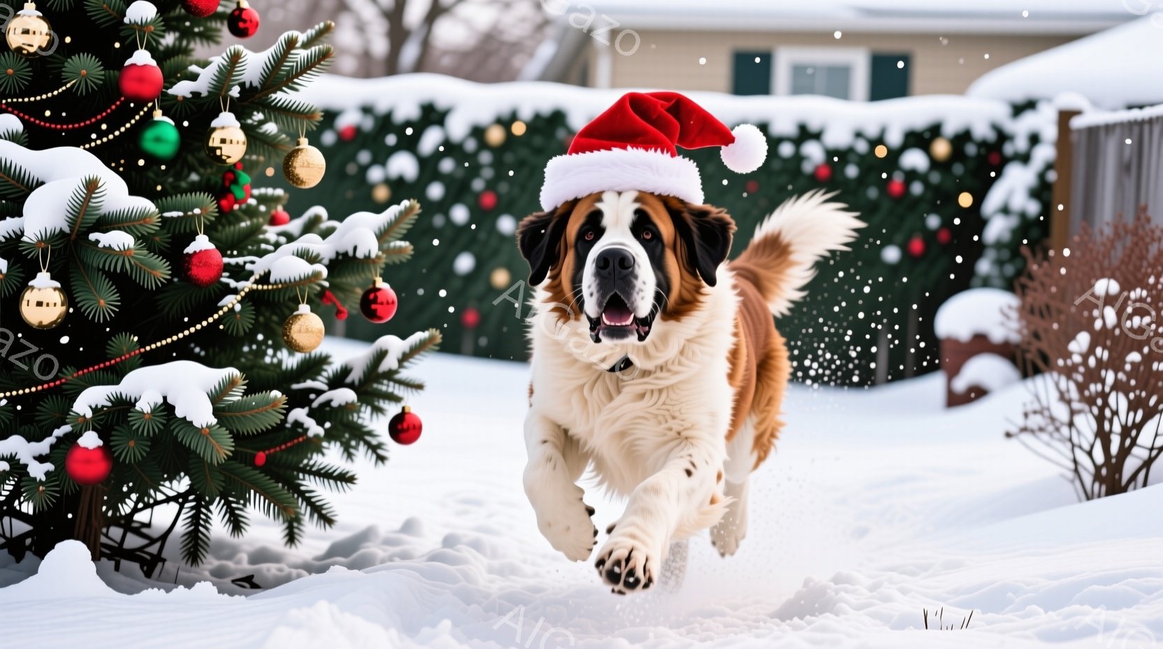 白い雪景色の中で、サンタ帽をかぶった大きな犬が勢いよく走っている。背景には飾り付けられたクリスマスツリーと雪に覆われた生垣が見え、冬の温かく楽しい雰囲気を醸し出している。犬は口を開け、嬉しそうな表情で - AI生成フリー素材