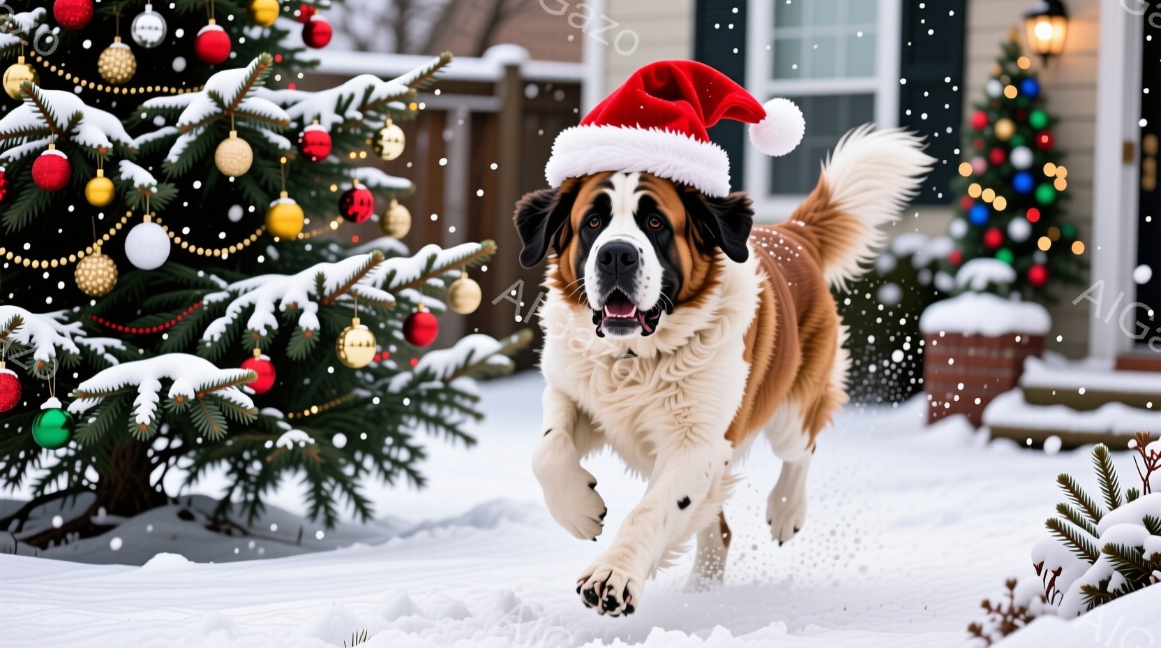 白い雪に覆われた庭で、サンタの帽子をかぶった大型犬が勢いよく走っている。背景には、オーナメントで飾られたクリスマスツリーが複数あり、雪が舞っている様子から冬の暖かく楽しい雰囲気が伝わってくる。犬は口を - AI生成フリー素材
