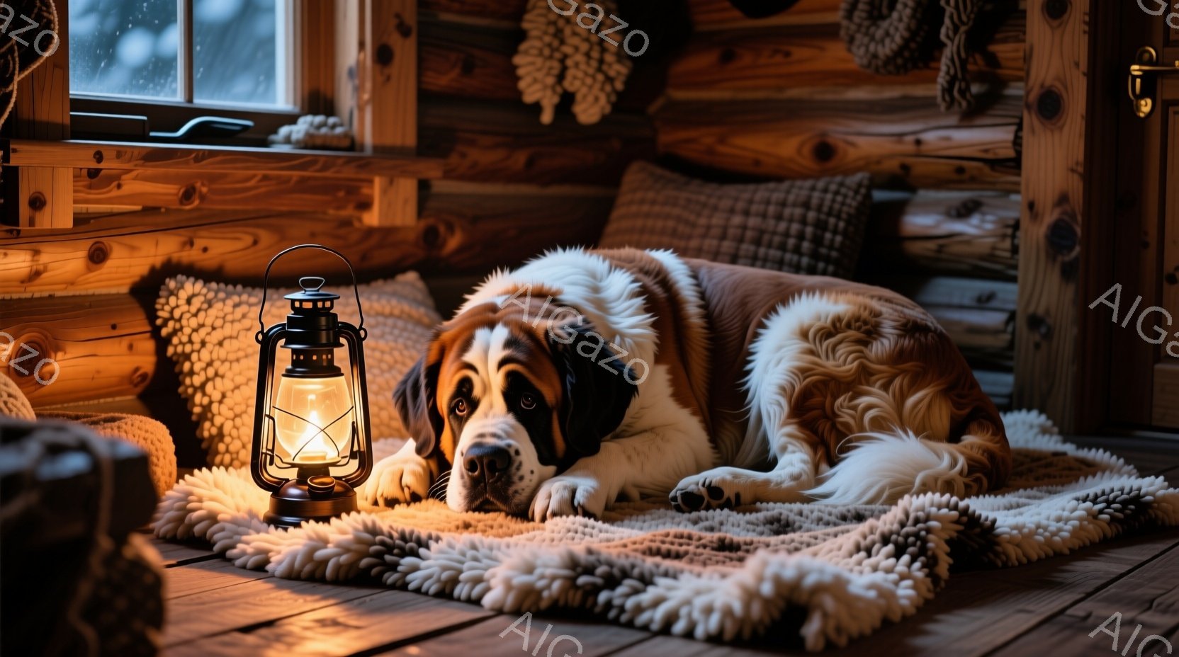 暖炉のそばの木の床に、大きなセントバーナード犬が横たわっています。犬は茶色と白の毛並みで、落ち着いた表情でこちらを見ています。背景には木製の壁と窓があり、ほのかな光が灯ったランタンが犬のそばに置かれ、 - AI生成フリー素材