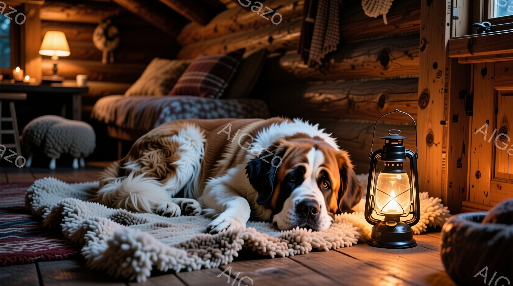 暖炉のある木製の部屋で、セント・バーナード犬が白いラグの上に横たわっています。犬は穏やかな表情で、片方の前足を前に出し、リラックスした様子です。背景には、暖炉、赤い模様の敷物、そして小さなランプが置か - AI生成フリー素材