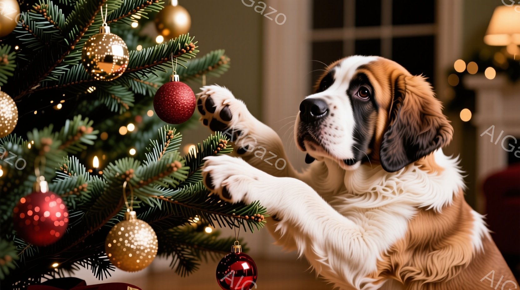 鮮やかな緑のクリスマスツリーに、大きなセント・バーナード犬が前足をかけて興味津々に見上げています。犬は茶色と白のふさふさした毛並みで、温和な表情を浮かべており、ツリーに飾られた赤いオーナメントや金色の - AI生成フリー素材