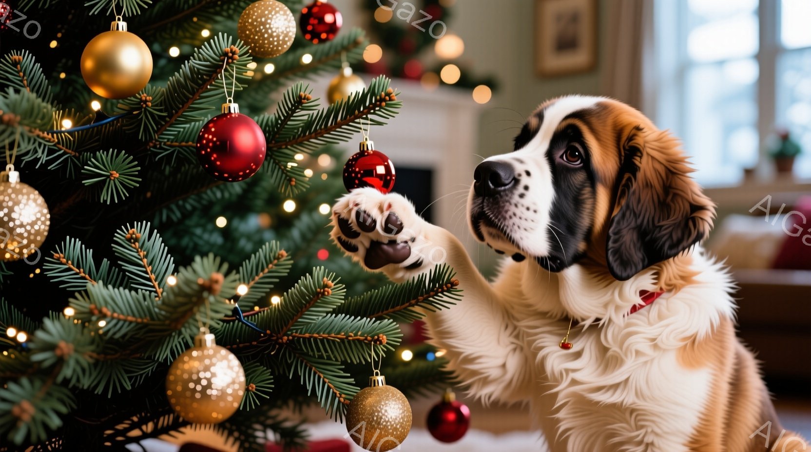 雪が降り積もる夜の街並みで、セント・バーナード犬が正面を向き、穏やかな表情で座っています。背景には、クリスマスツリーが輝き、周辺の建物もイルミネーションで飾られ、冬の暖かさを演出しています。人々はコー - AI生成フリー素材