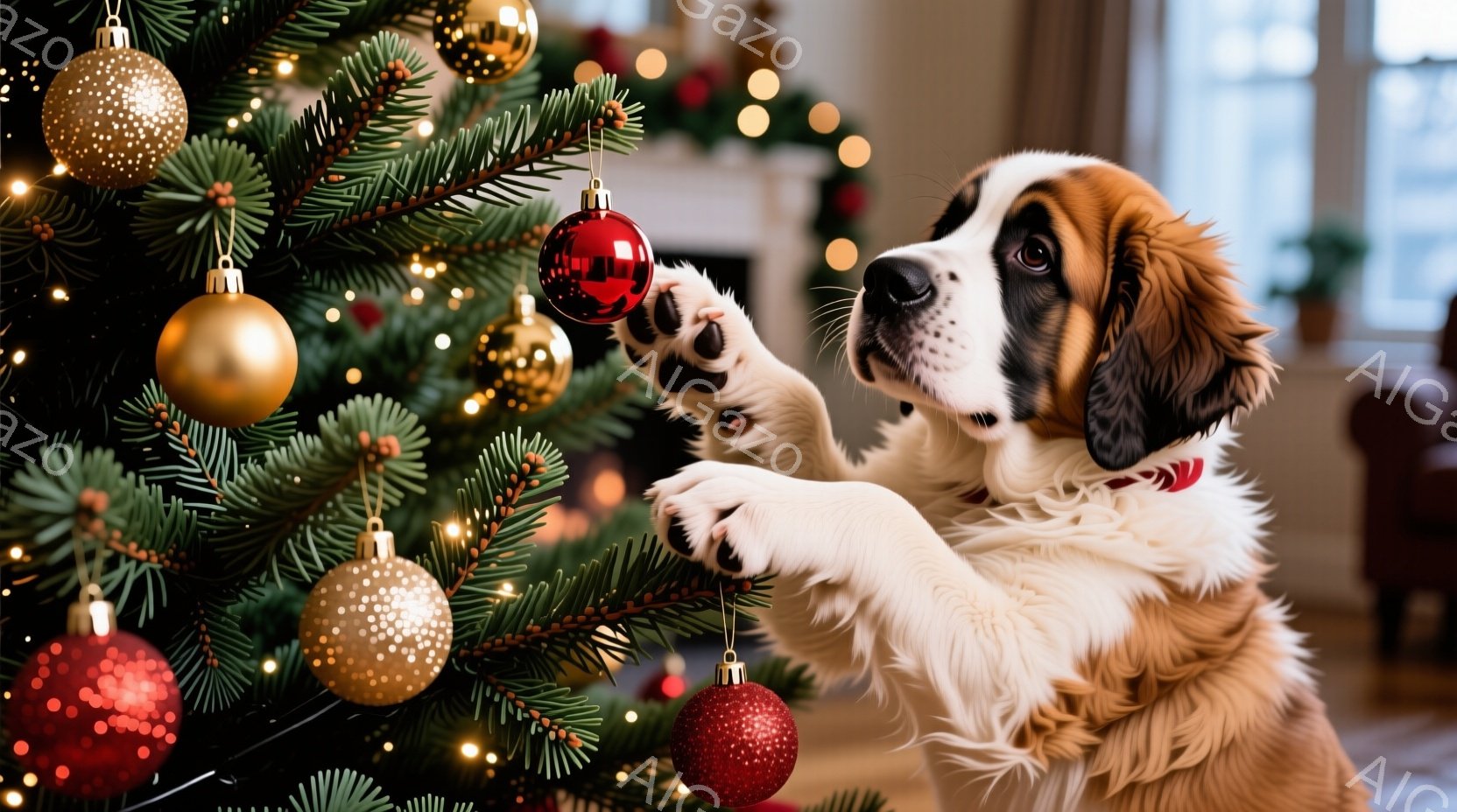大きなセント・バーナード犬がクリスマスツリーに手を伸ばし、赤いオーナメントに興味津々で触れようとしています。犬は赤い首輪を着用しており、輝く緑色の葉と金色のオーナメントで飾られたツリーの前に立っていま - AI生成フリー素材