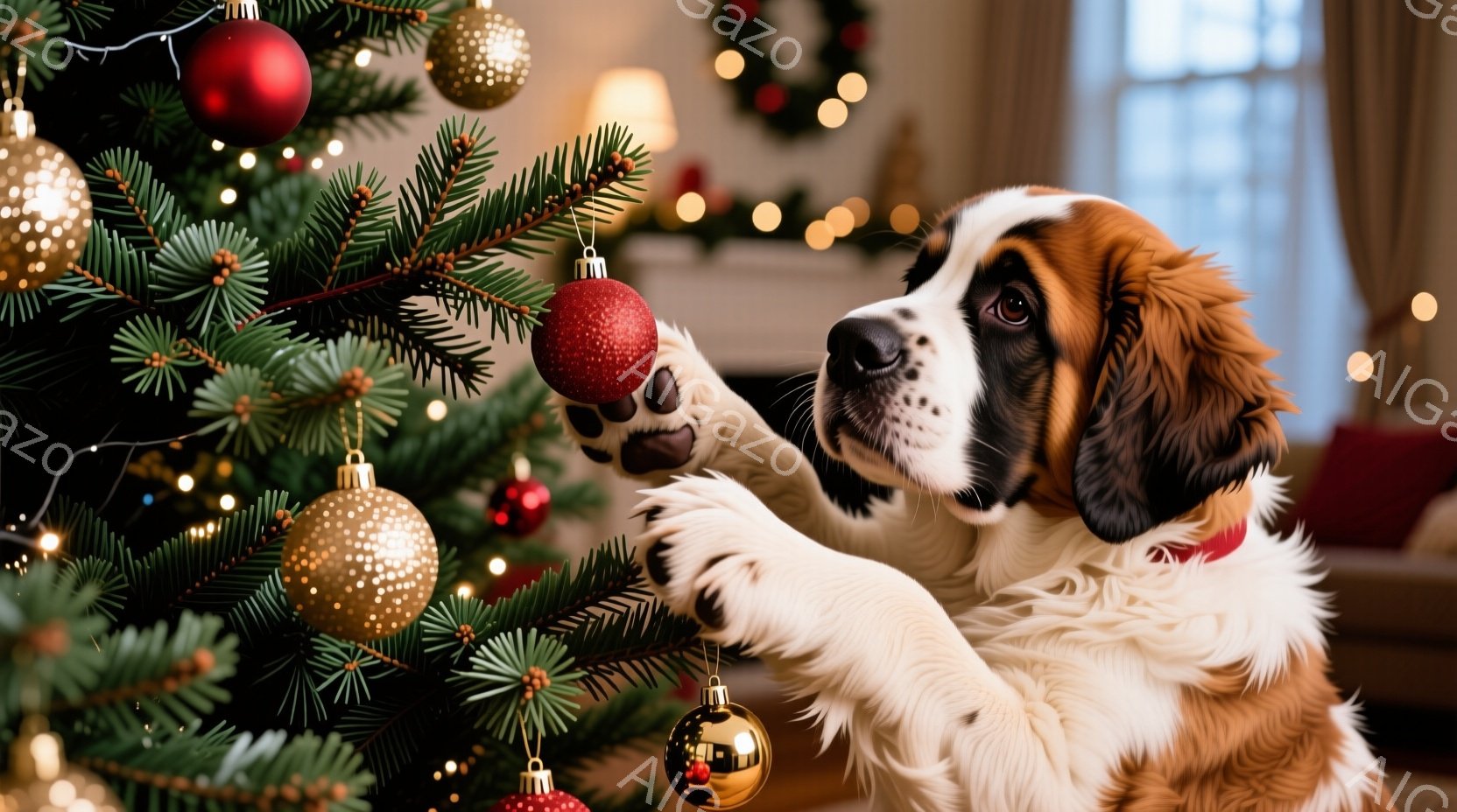 鮮やかな緑のクリスマスツリーの枝に、大きなセイント・バーナード犬が前足を伸ばして赤いオーナメントに触れようとしています。犬は好奇心に満ちた表情で、穏やかで温かい雰囲気を醸し出しています。背景にはぼやけ - AI生成フリー素材