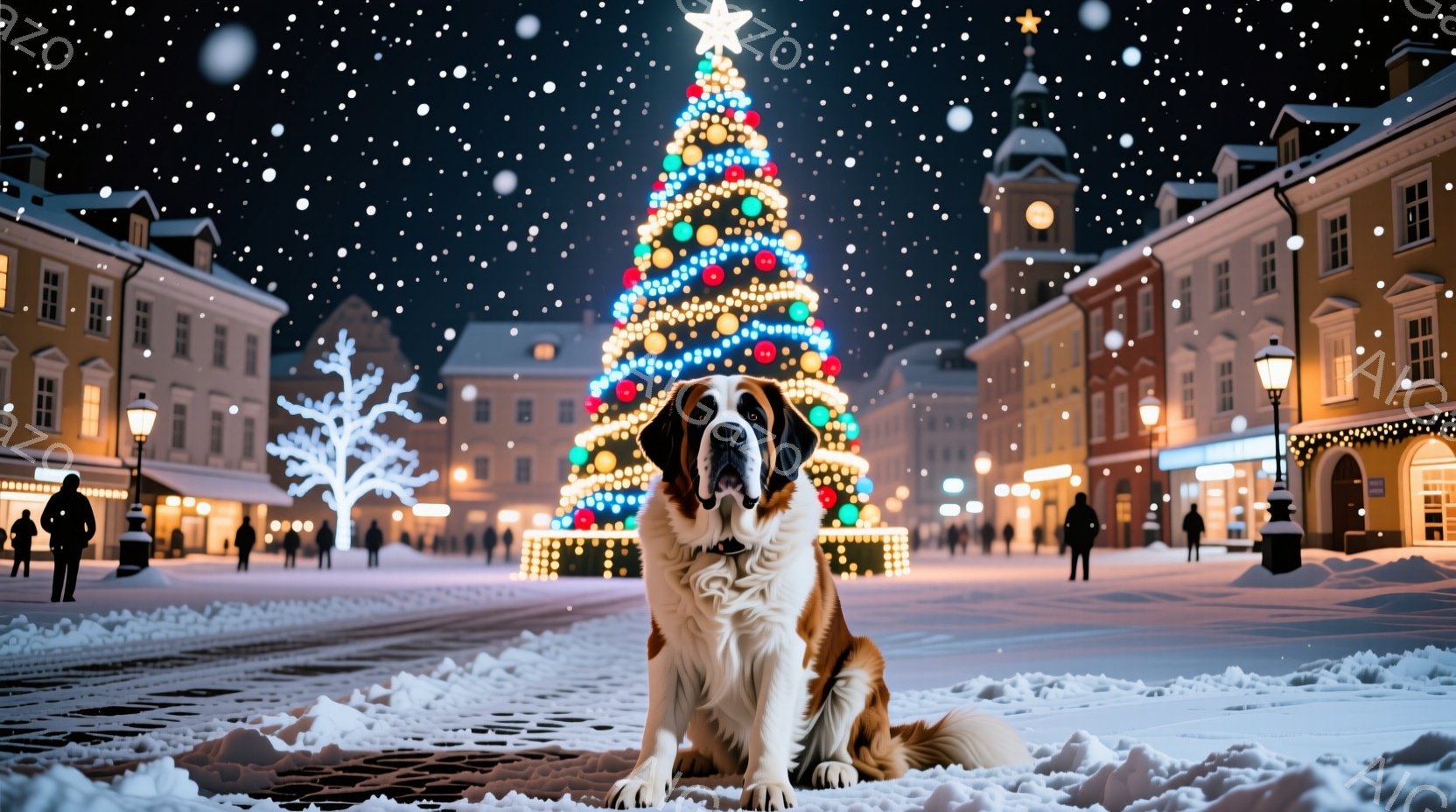 雪が舞う夜の街並みの中に、セント・バーナード犬が座っています。犬は穏やかな表情で正面を見つめ、周囲のクリスマスイルミネーションと雪景色の中でひときわ存在感を放っています。背景には、ライトアップされた建 - AI生成フリー素材