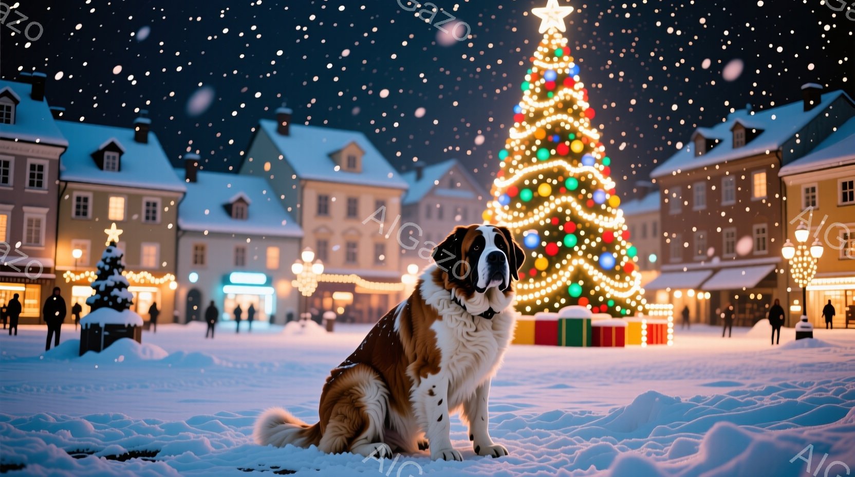 雪が降り積もる町の広場に、セントバーナード犬が座っています。背景にはクリスマスツリーが輝き、建物の窓からは暖かい光が漏れています。雪景色とイルミネーションが、暖かく、幻想的な冬の雰囲気を醸し出していま - AI生成フリー素材