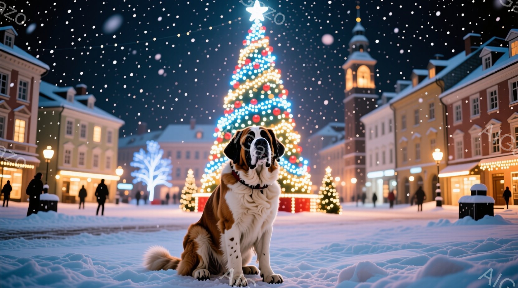 広場には雪が降り積もり、中央に大きなクリスマスツリーが飾られています。ツリーは様々な色の電飾で彩られ、夜空を明るく照らしています。そのツリーの前に、大きなセントバーナード犬が座り、穏やかな表情でこちら - AI生成フリー素材