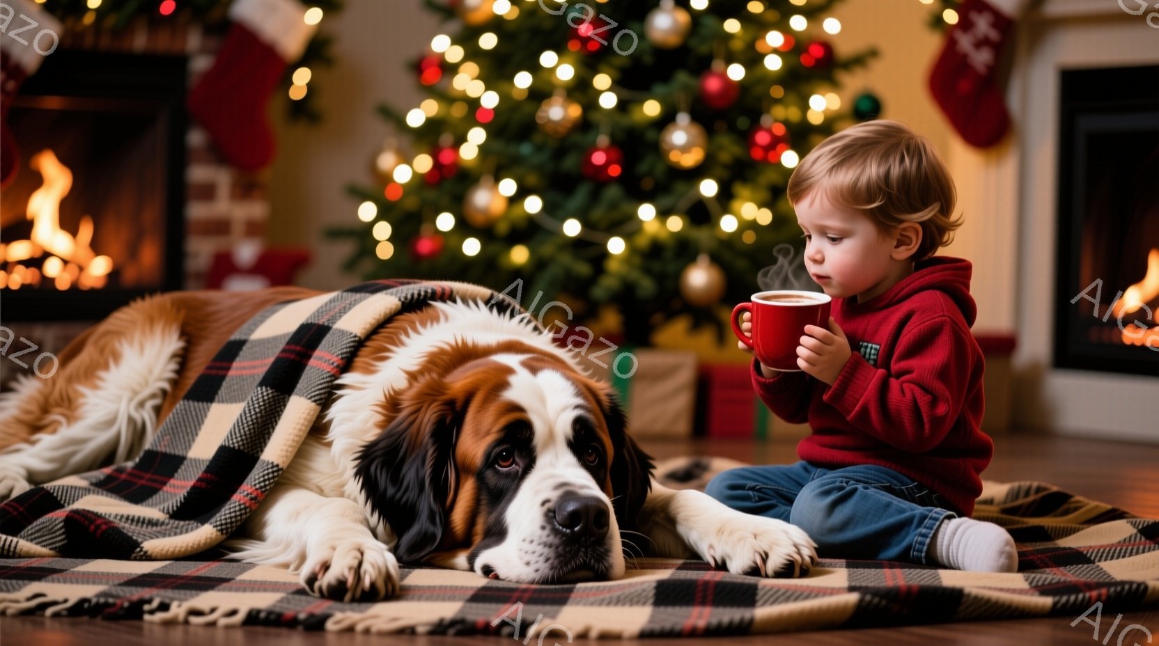 赤いパーカーとジーンズ姿の幼い男の子が、床に敷かれたチェック柄のブランケットの上で座り、両手で赤いマグカップを握って何かを飲んでいます。隣には大きなセント・バーナード犬が横たわり、温かい光が差し込む背景には、クリスマスツリーや暖炉が見え、全体的に温かく心地よい雰囲気が漂っています。男の子は少し内を覗き込むようにマグカップを見ており、犬はリラックスして穏やかな表情をしています。