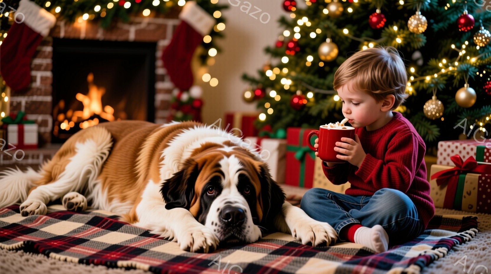 暖炉の前に敷かれたチェック柄のブランケットの上で、赤毛の少年が赤いセーターとジーンズを着て、マグカップを手に熱い飲み物を楽しんでいます。大きなセント・バーナード犬が少年の横に横たわり、リラックスした表 - AI生成フリー素材