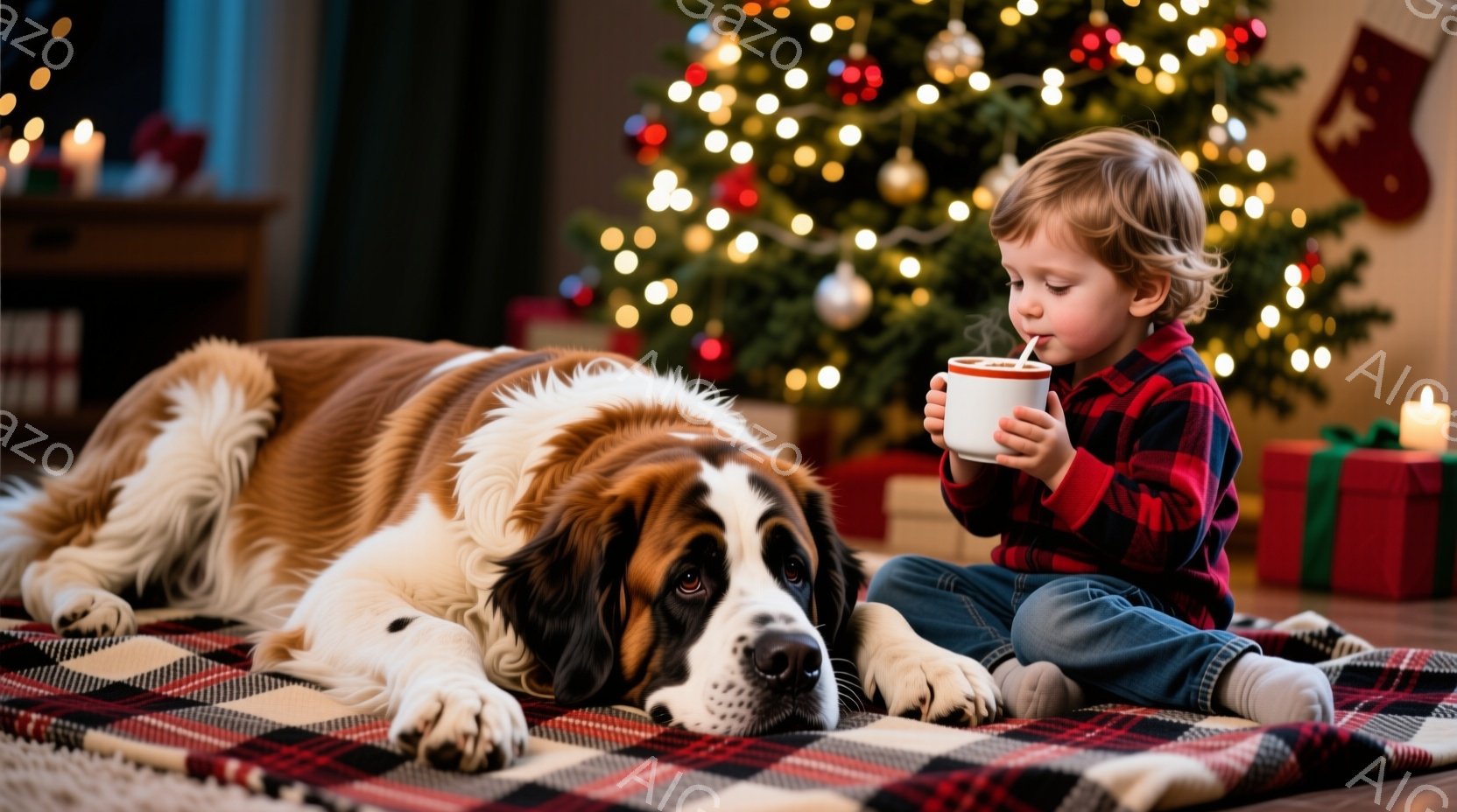 幼い少年がチェック柄の敷物の上で温かい飲み物を飲んでいます。彼の隣には、大きなセントバーナード犬が横たわり、少年を見つめています。背景にはクリスマスツリーが飾られ、プレゼントの箱とキャンドルが暖かく光る部屋の穏やかなクリスマスの雰囲気を醸し出しています。