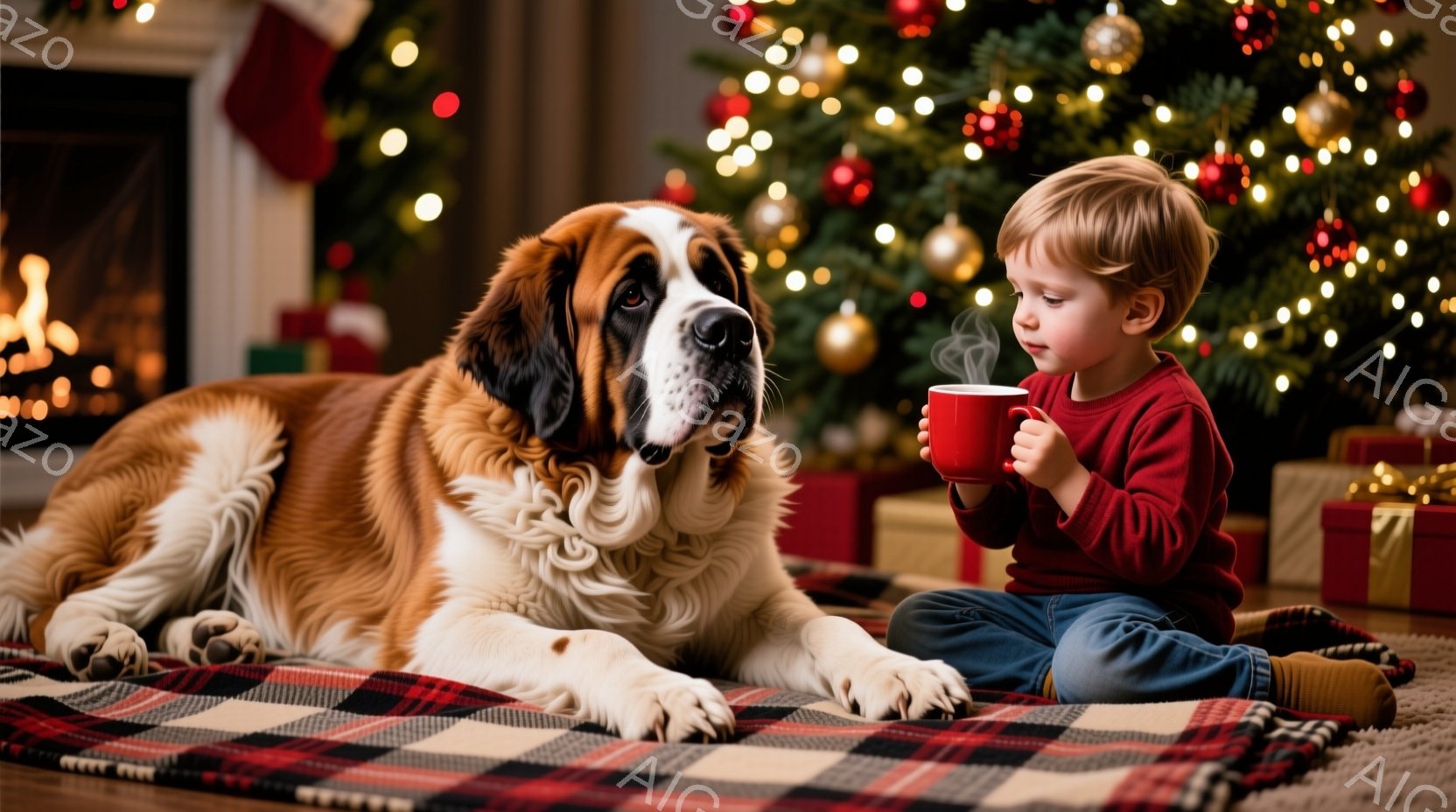 大きなセント・バーナード犬が窓の外を眺めています。窓ガラスには雪の結晶が描かれており、背景にはキラキラと輝くクリスマスツリーが見え、冬の温かく穏やかな雰囲気が漂っています。犬はリラックスした姿勢で、穏 - AI生成フリー素材
