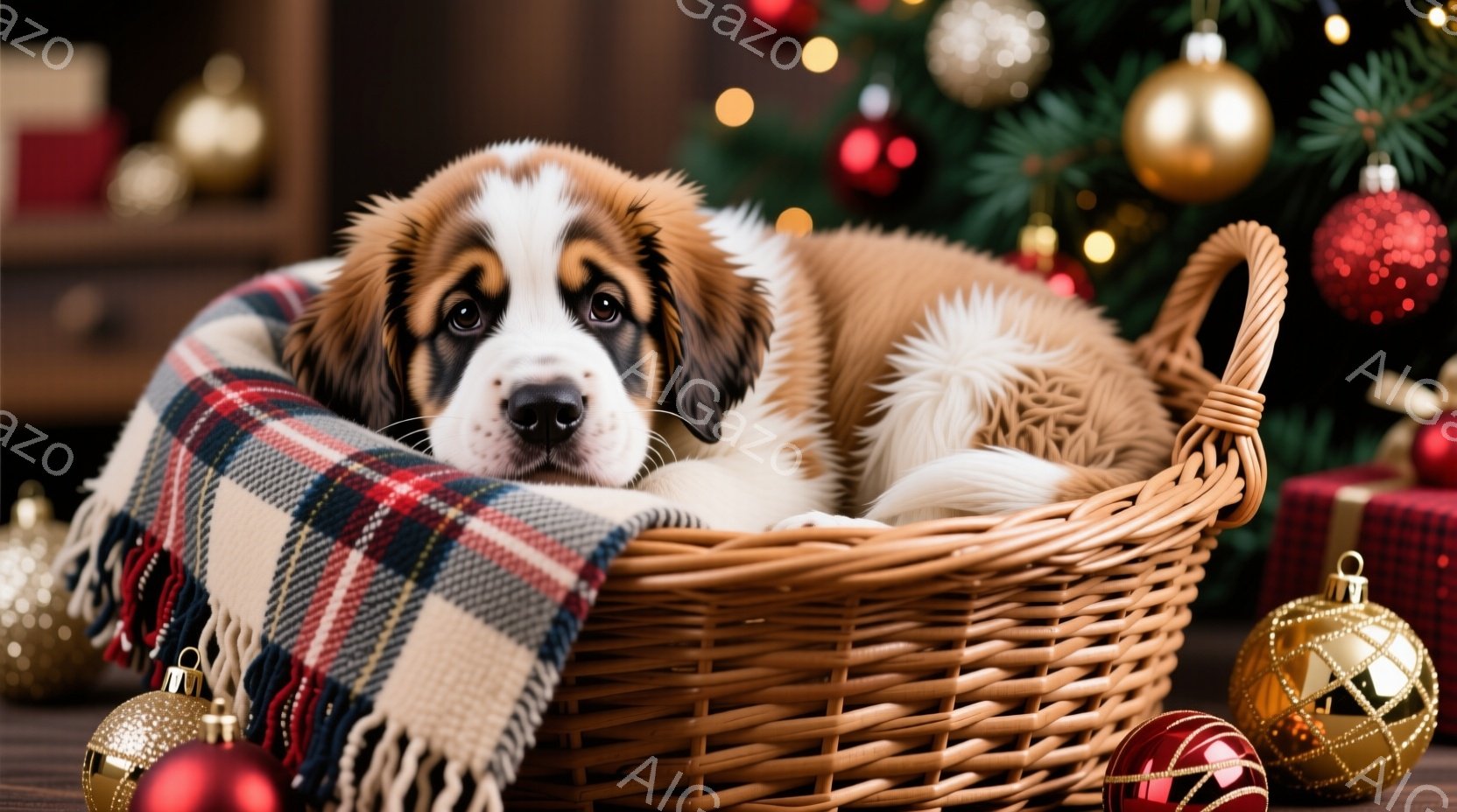 籐の籠の中に、ふわふわの毛並みを持つセントバーナードの子犬が横たわっています。子犬は優しい表情でカメラを見つめ、赤いチェック柄の毛布に頭を預けてリラックスしています。背景にはクリスマスツリーやオーナメ - AI生成フリー素材