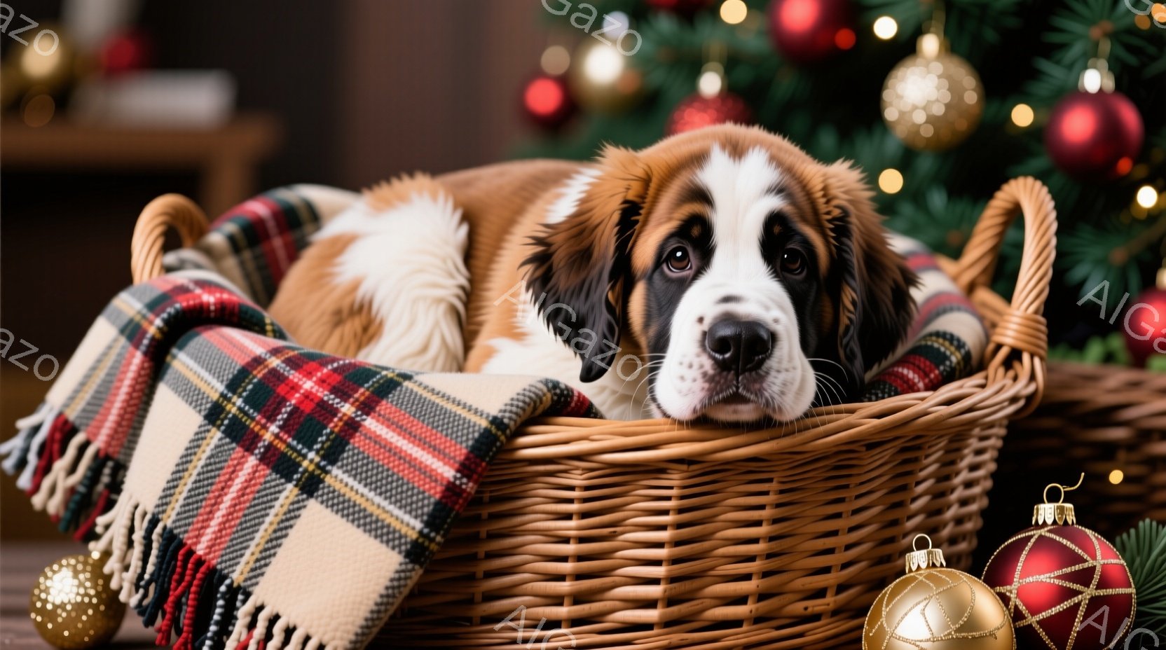 籐の籠に、毛並みの美しいセントバーナードの子犬が横たわっています。赤いチェック柄のブランケットが敷かれており、子犬はリラックスした表情でカメラを見つめています。背景にはクリスマスツリーとオーナメントが - AI生成フリー素材