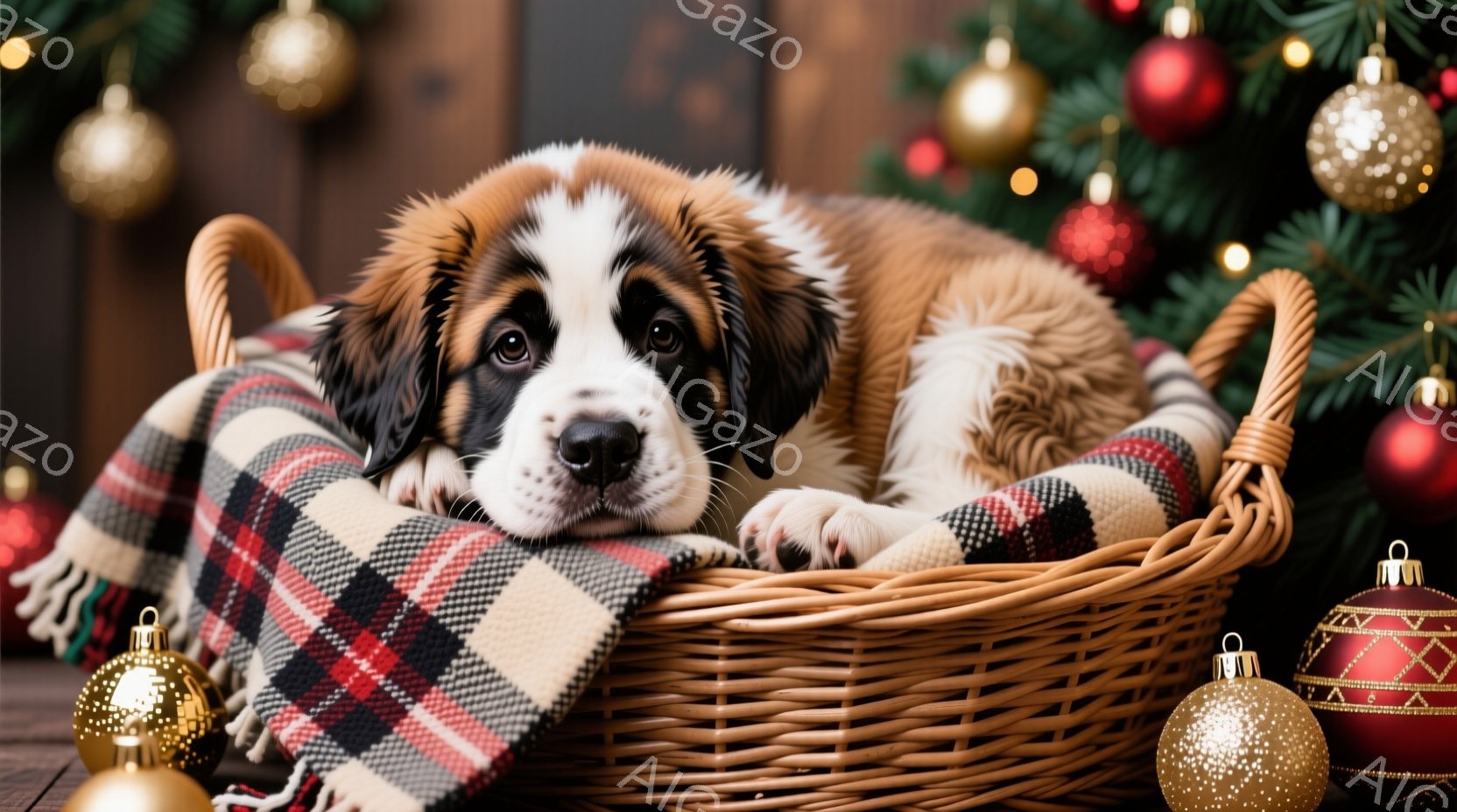 ふわふわのセントバーナードの子犬が、チェック柄の毛布が敷かれた籐のバスケットの中に横たわっています。子犬は優しい表情でカメラを見つめ、前足はバスケットの縁からだらりと伸びています。背景にはクリスマスツ - AI生成フリー素材