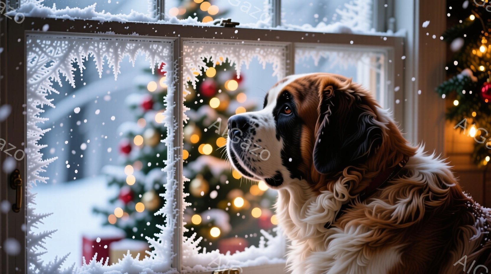 大きなセント・バーナード犬が、雪景色が見える窓辺に座って外を見つめています。窓には雪の結晶のような模様が描かれており、背景にはクリスマスツリーの温かい光がぼんやりと見えます。犬は落ち着いた表情で、冬の静寂とクリスマスの温かさを感じさせる雰囲気です。