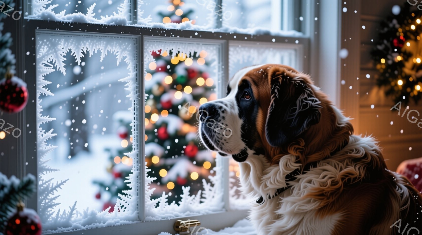 大きなセントバーナード犬が窓の外の雪景色を静かに見つめている。窓枠には雪の結晶の模様が描かれ、背景にはぼやけたクリスマスツリーの光が暖かく輝いている。犬は首輪を付けており、優雅で穏やかな表情で、冬の静 - AI生成フリー素材
