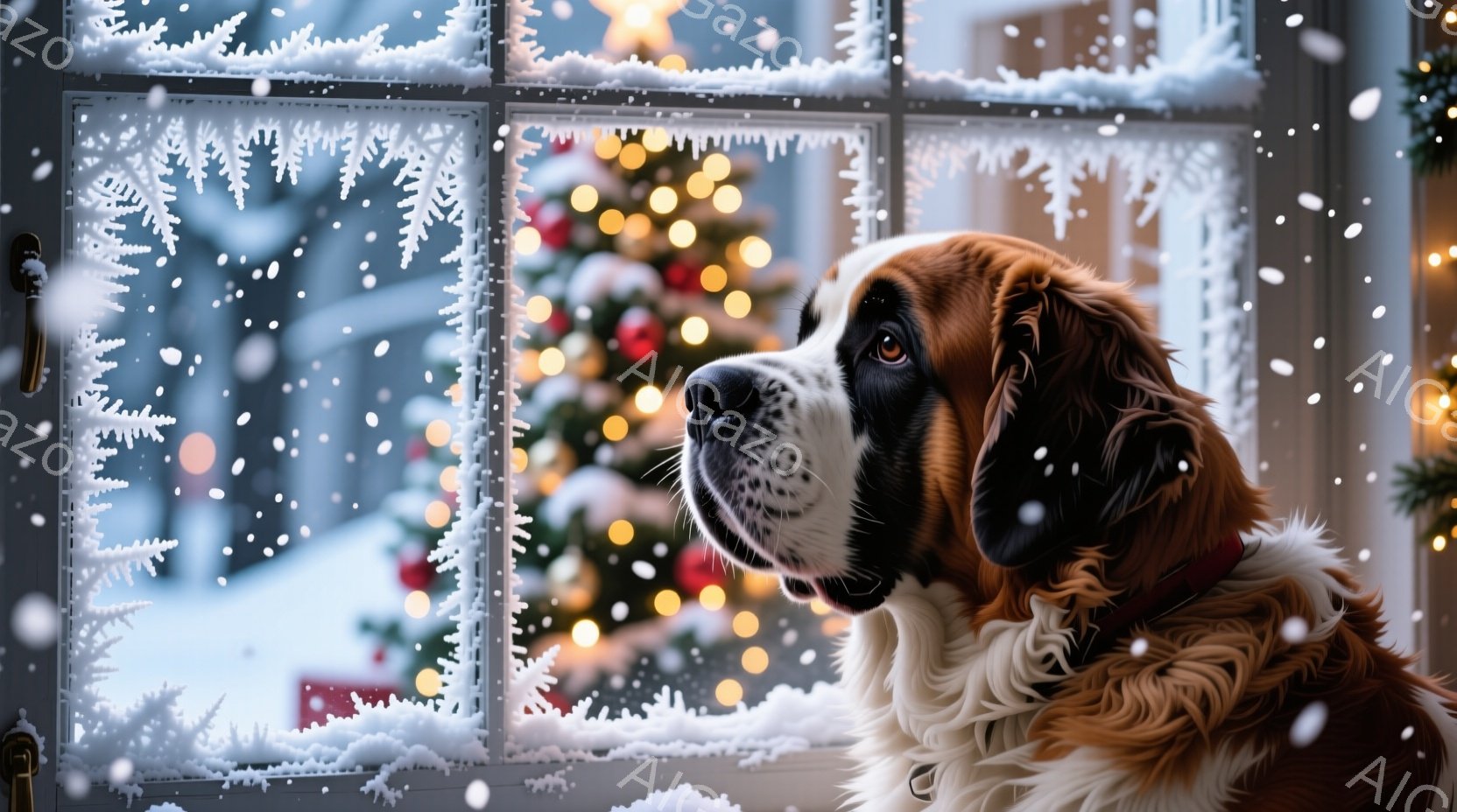 大きなセント・バーナード犬が雪で覆われた窓から外を眺めています。犬は茶色と白の毛並みで、赤い首輪をつけており、どこか物憂げな表情を浮かべています。背景にはぼやけたクリスマスツリーの光と、雪景色が広がっ - AI生成フリー素材