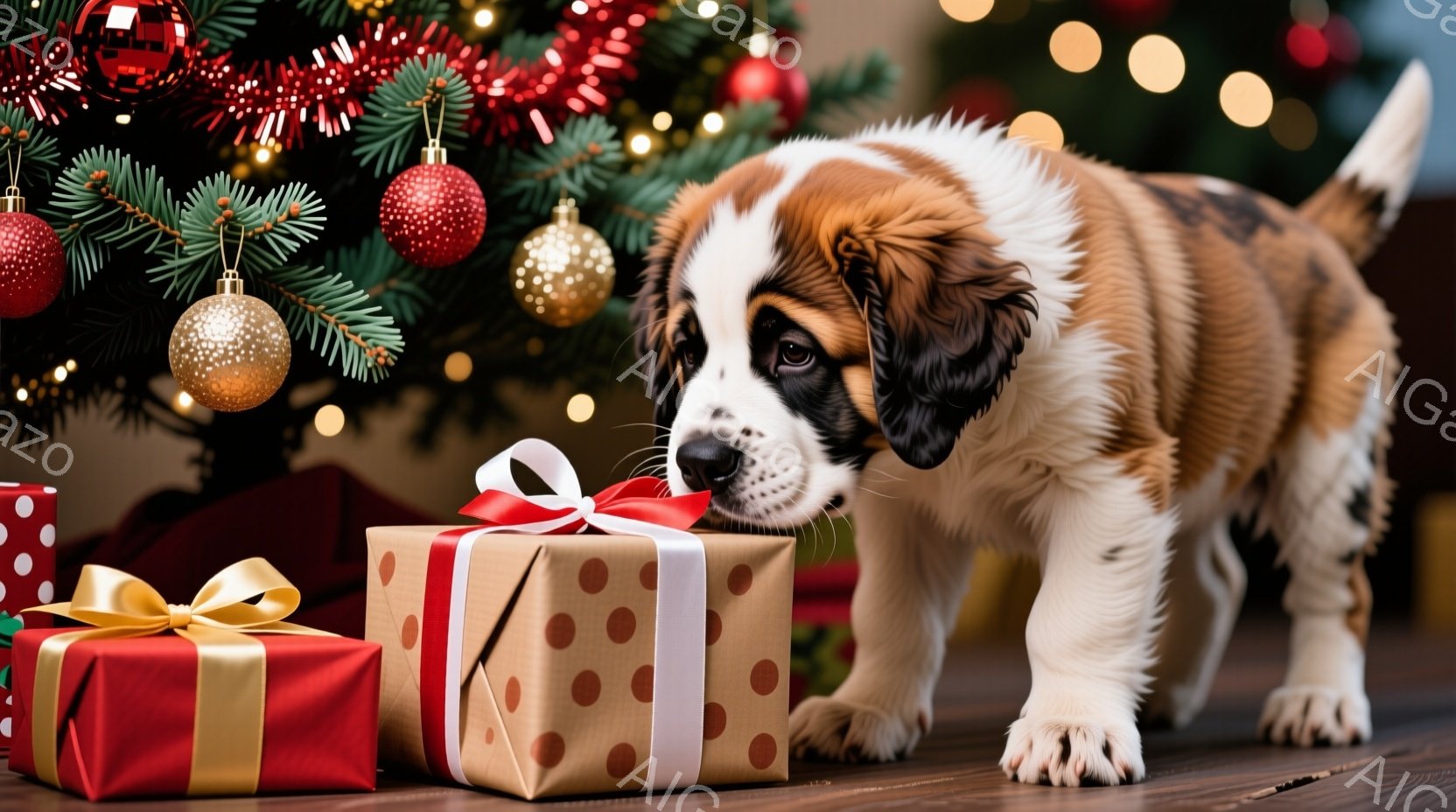 クリスマスツリーの足元に置かれたプレゼントの箱を嗅ぐセント・バーナードの子犬が写っています。子犬は茶色と白の毛並みで、好奇心に満ちた表情で箱に鼻を近づけています。背景には、飾り付けられたクリスマスツリ - AI生成フリー素材