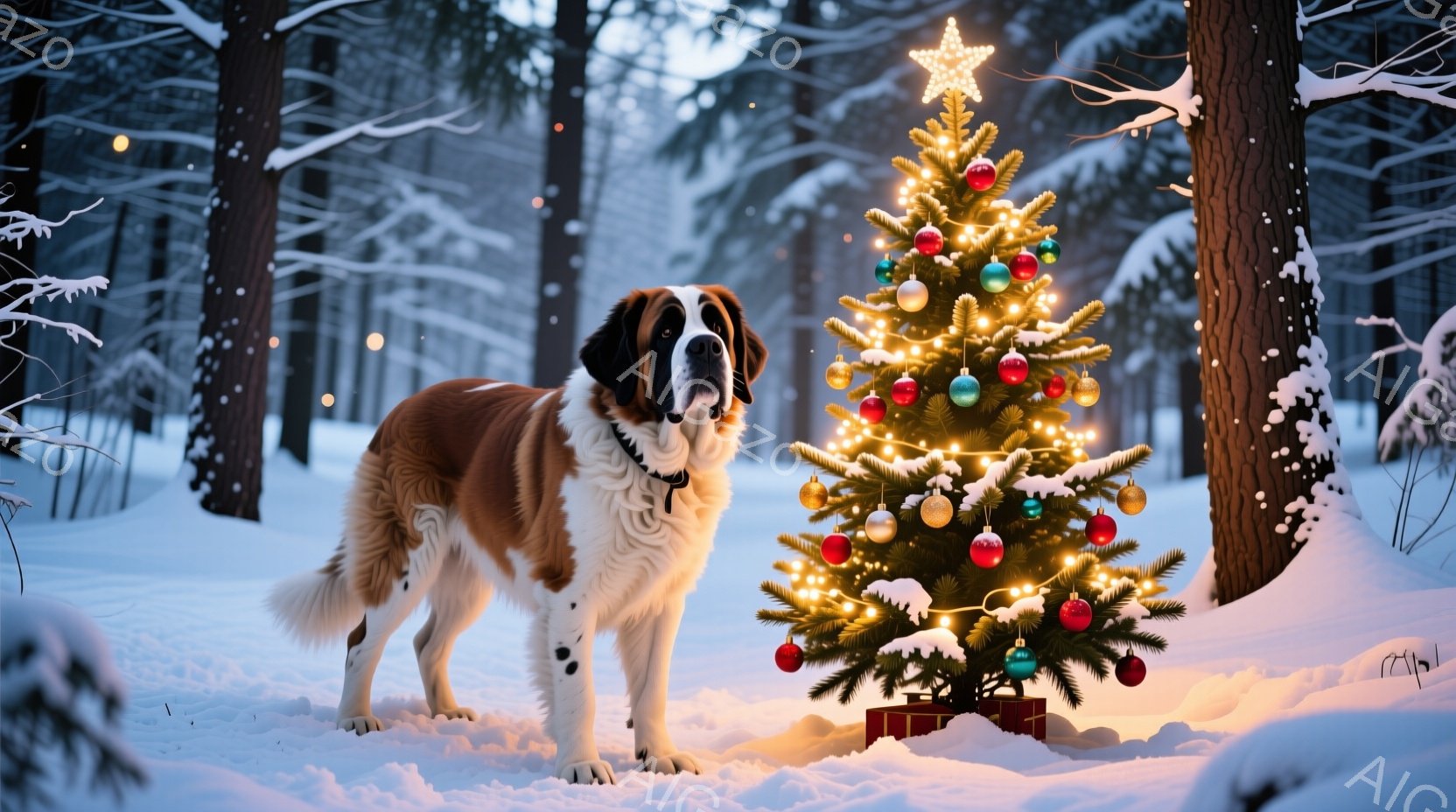 白と茶色のセントバーナード犬が雪景色の中でクリスマスツリーの横に立っている。ツリーは色とりどりのオーナメントと電飾で飾られ、雪に覆われた森林の中に暖かく輝いている。犬は落ち着いた表情でカメラを見つめ、 - AI生成フリー素材