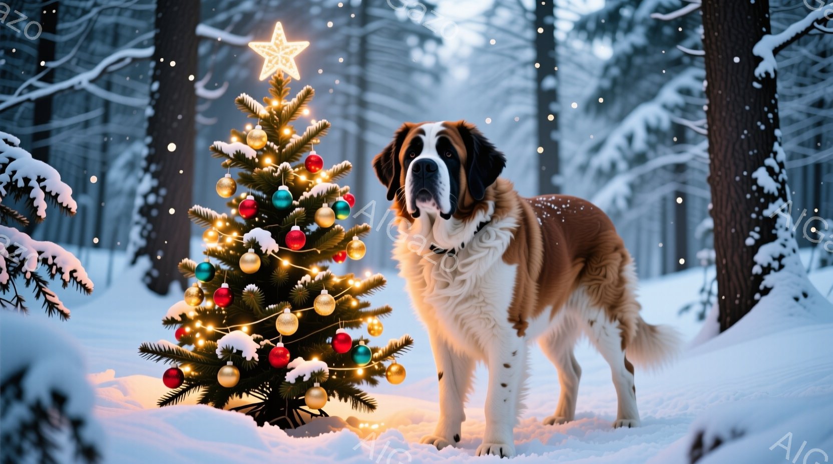 雪に覆われた森の中で、クリスマスツリーが輝いています。ツリーはオーナメントや電飾で飾られ、暖かく優しい光を放っています。セントバーナード犬がツリーの横に立ち、落ち着いた表情でこちらを見ており、冬の静寂 - AI生成フリー素材