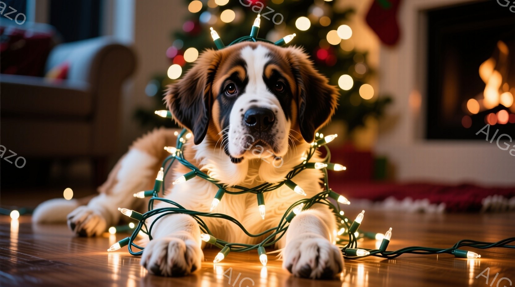 鮮やかなクリスマスツリーを背景に、大きなセント・バーナード犬が床に横たわり、イルミネーションライトに絡まっています。犬はリラックスした表情で、少し上目遣いをしており、光が毛並みを照らして温かい雰囲気を醸し出しています。暖炉の炎と赤いラグが、さらに心地よいホリデーシーズンらしさを演出しています。