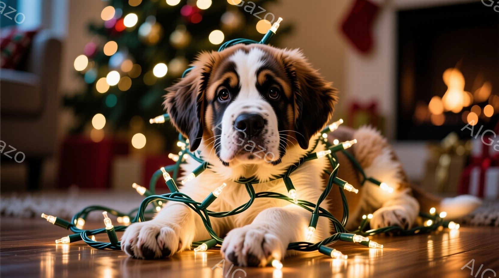 暖炉のそばの床に、クリスマスのイルミネーションに覆われたセント・バーナードの子犬が横たわっています。子犬は大きな茶色の目をしており、どこか困ったような、または面白いような表情をしています。背景にはクリ - AI生成フリー素材