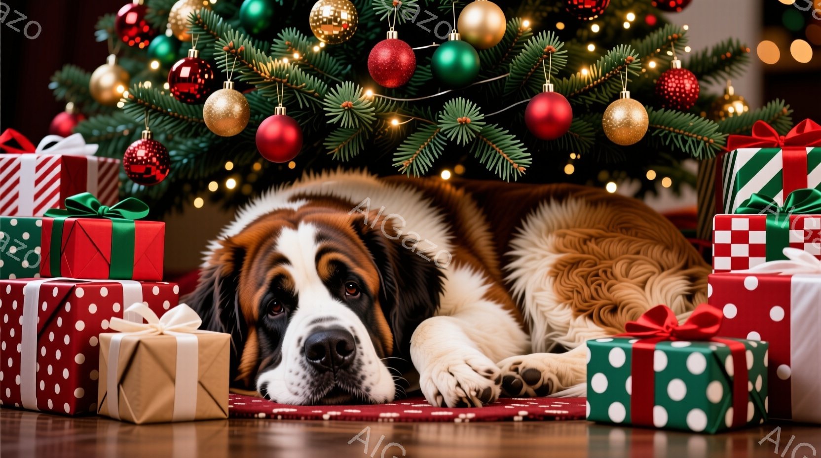 巨大なセント・バーナード犬が、クリスマスツリーの下に置かれたプレゼントの山の中に横たわっています。犬は落ち着いた表情で、リラックスした姿勢で丸くなっています。背景には、装飾されたクリスマスツリーが輝き - AI生成フリー素材