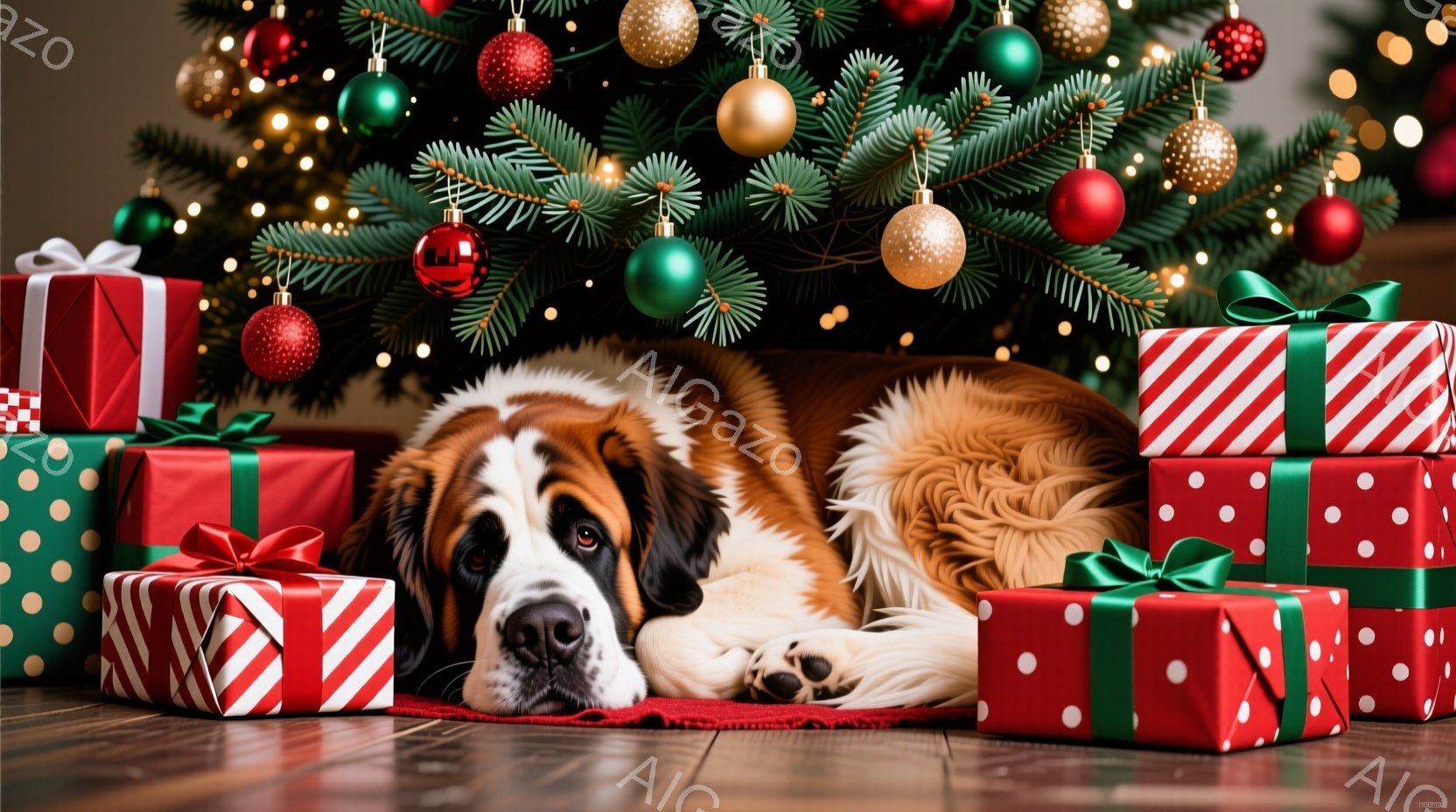 大柄なセントバーナード犬が、クリスマスツリーの下に置かれたプレゼントの山に囲まれて横たわっています。犬はリラックスした様子で、大きな前足を伸ばし、穏やかな表情をしています。背景には緑豊かなクリスマスツ - AI生成フリー素材