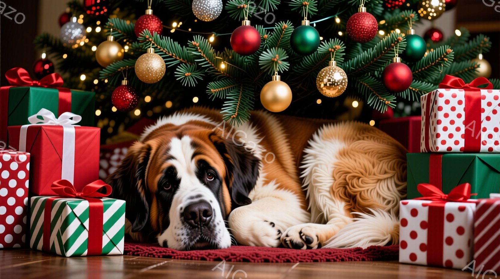 巨大なセントバーナード犬が、クリスマスツリーの下に置かれたプレゼントの山に囲まれて、赤い敷物の上で横たわっています。犬は落ち着いた表情で、まるでプレゼントを守っているかのように見えます。背景には緑のク - AI生成フリー素材