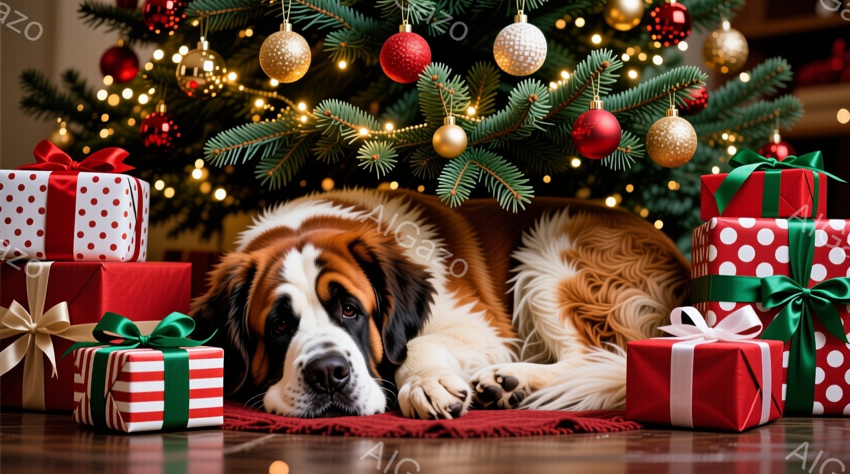 豪華なクリスマスツリーの足元に、大きなセント・バーナード犬が横たわっています。赤い敷物の上に、カラフルな包装紙で包まれたプレゼントが積み上げられており、犬はその周りを囲むようにリラックスした姿勢で眠っ - AI生成フリー素材