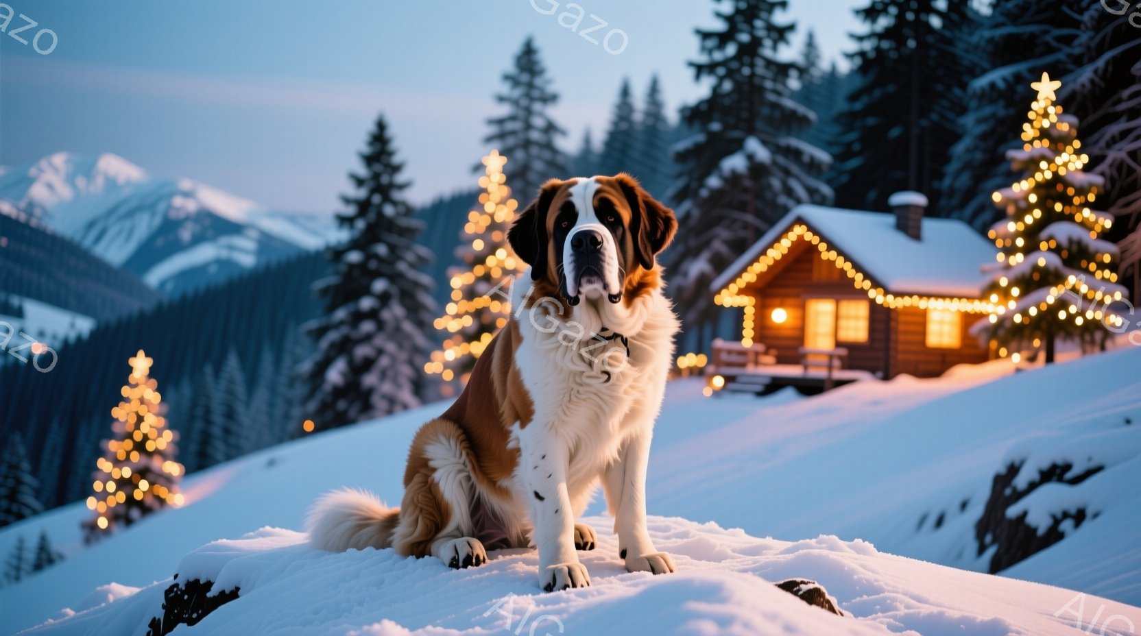 白い雪景色の中に、大きなセントバーナード犬が堂々と座っています。犬は茶色と白の毛並みで、首輪をつけており、穏やかで自信に満ちた表情をしています。背景には、クリスマスツリーのように飾られた針葉樹や、暖か - AI生成フリー素材
