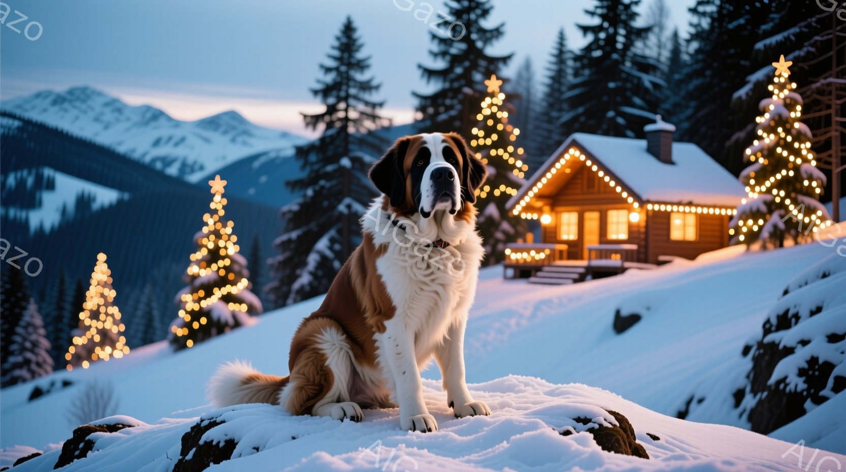 白と茶色のセント・バーナード犬が雪の上に座っており、落ち着いた表情で正面を見据えています。背景には、クリスマスツリーのように輝く電飾で飾られた可愛らしい木造の家と、雪を抱いた山々が広がっています。全体 - AI生成フリー素材
